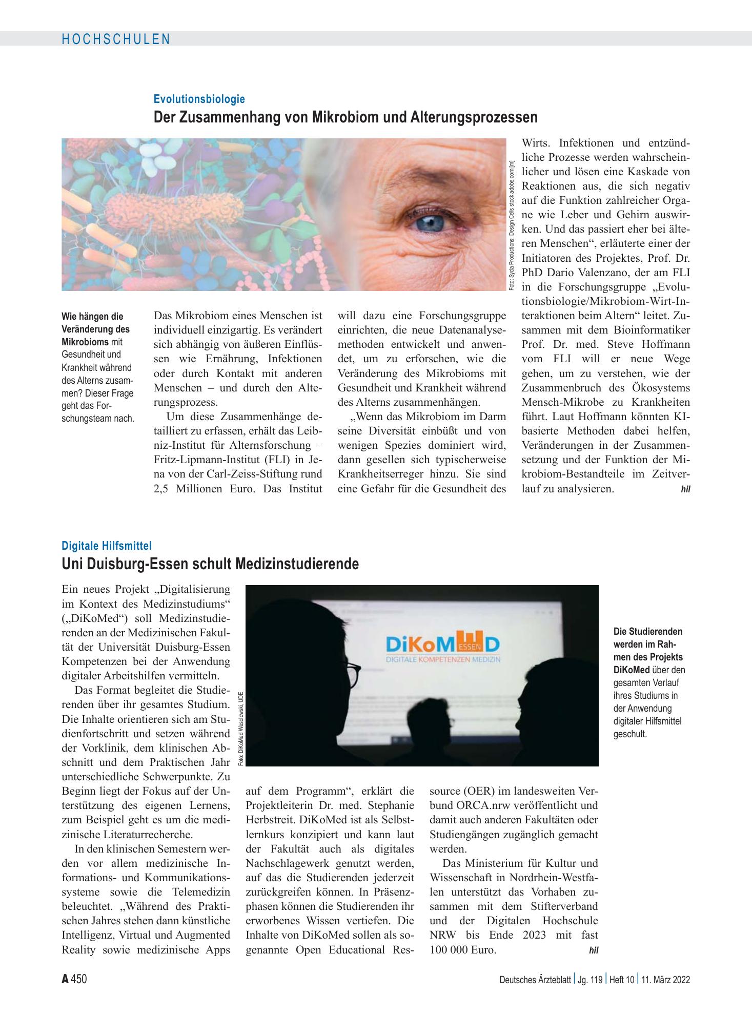 Vorschauseite 1: Digitale Hilfsmittel: Uni Duisburg-Essen schult Medizinstudierende – Deutsches Ärzteblatt
