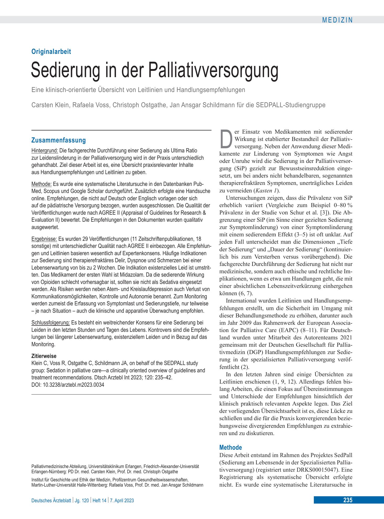 Vorschauseite 1: Sedierung in der Palliativversorgung – Deutsches Ärzteblatt