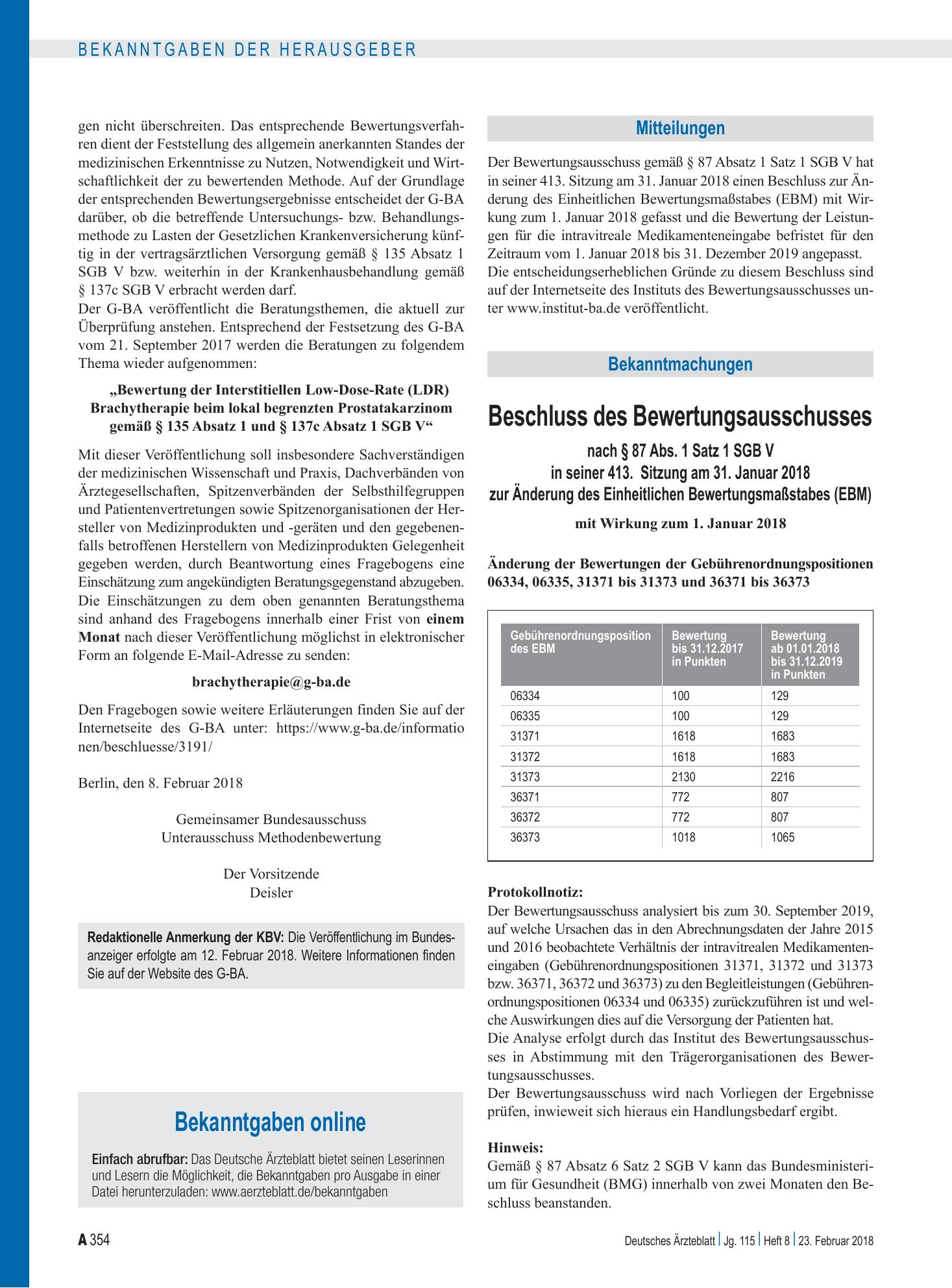 Vorschauseite 1: Beschluss des Bewertungsausschusses nach § 87 Abs. 1 Satz 1 SGB V in seiner 413. Sitzung am 31. Januar 2018 zur Änderung des Einheitlichen Bewertungsmaßstabes (EBM) – Deutsches Är…