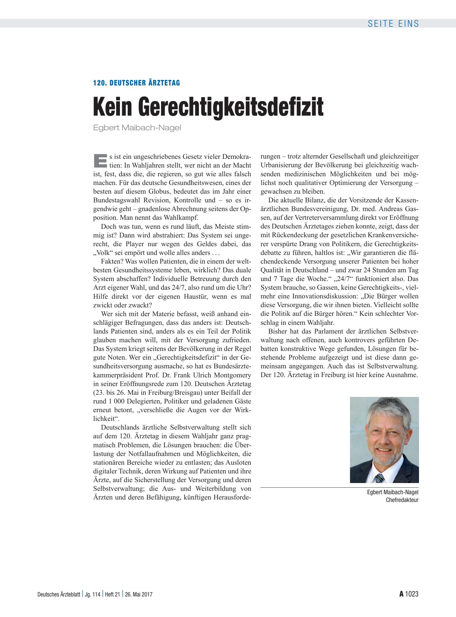Vorschauseite 1: 120. Deutscher Ärztetag: Kein Gerechtigkeitsdefizit – Deutsches Ärzteblatt