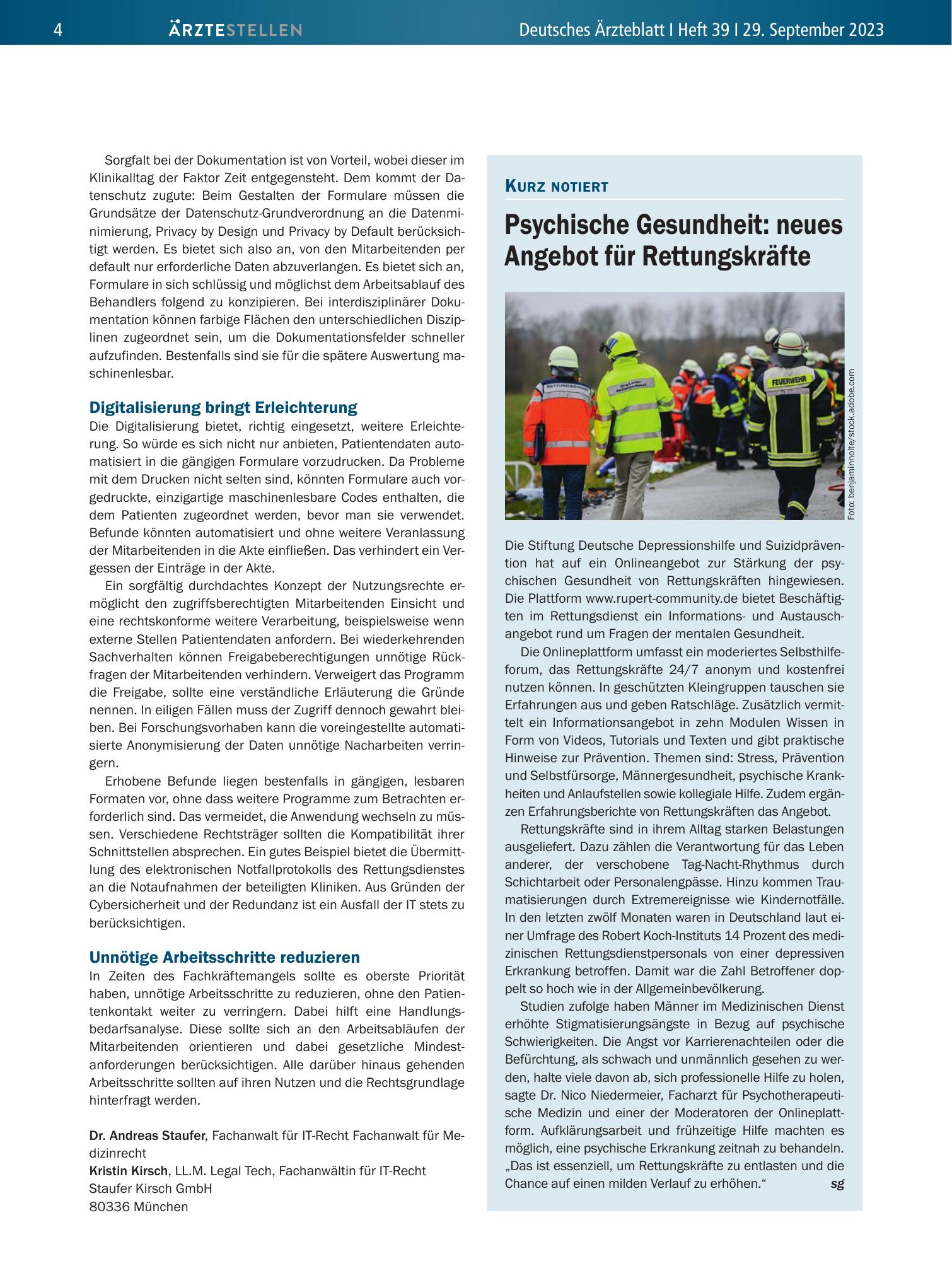Vorschauseite 1: Psychische Gesundheit: neues Angebot für Rettungskräfte – Deutsches Ärzteblatt
