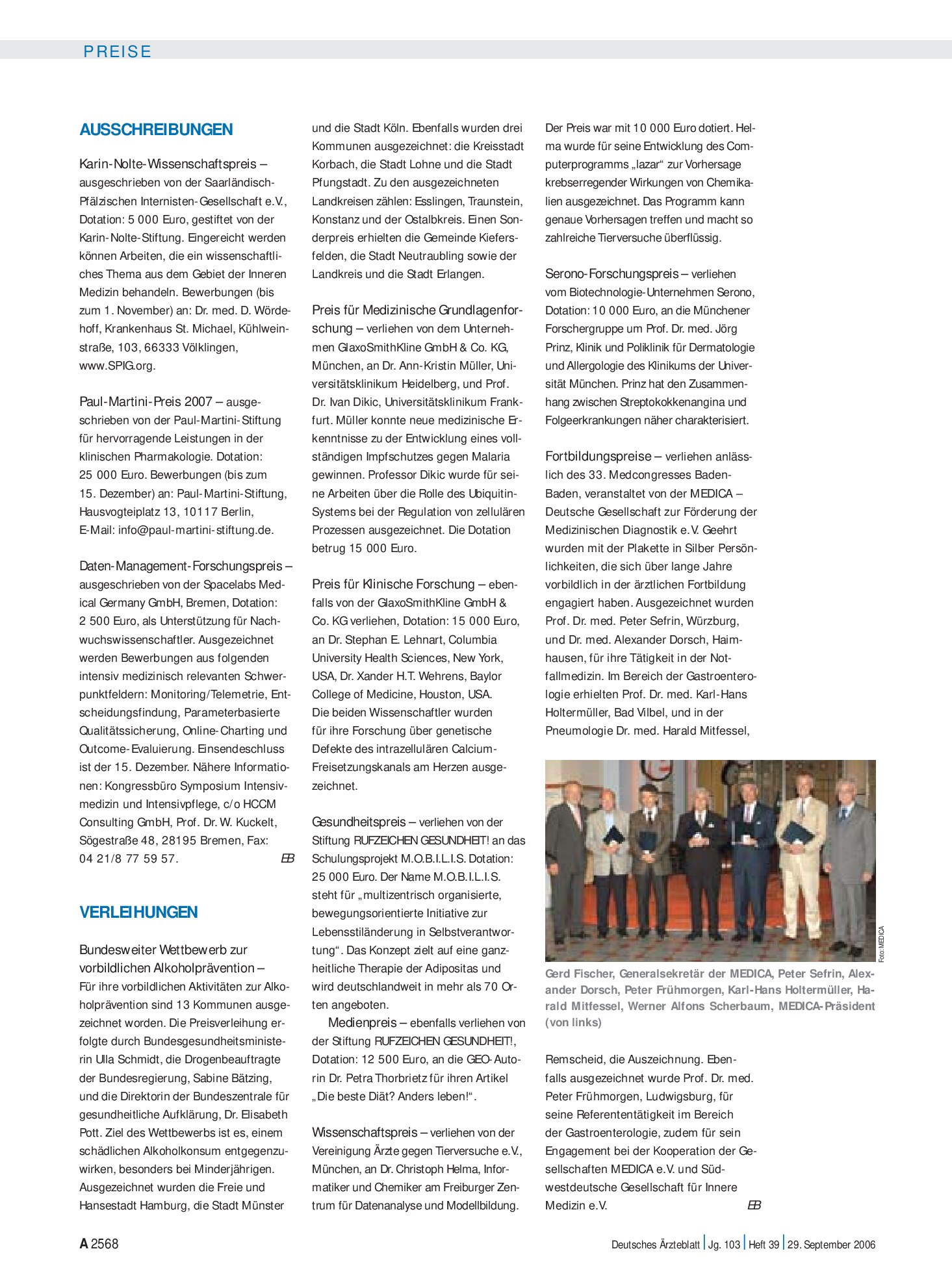 Vorschauseite 1: Verleihungen – Deutsches Ärzteblatt