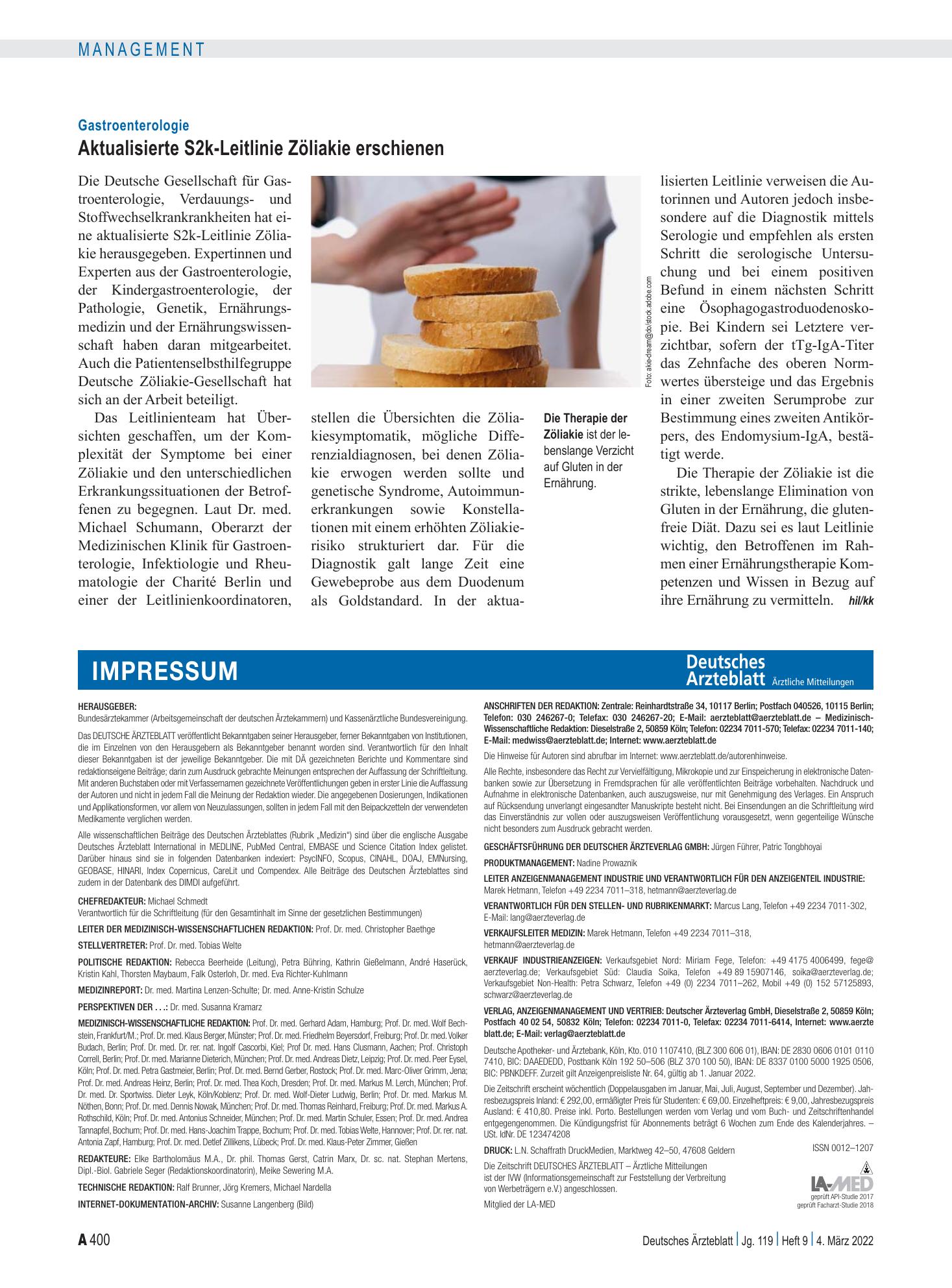 Vorschauseite 1: Gastroenterologie: Aktualisierte S2k-Leitlinie Zöliakie erschienen – Deutsches Ärzteblatt
