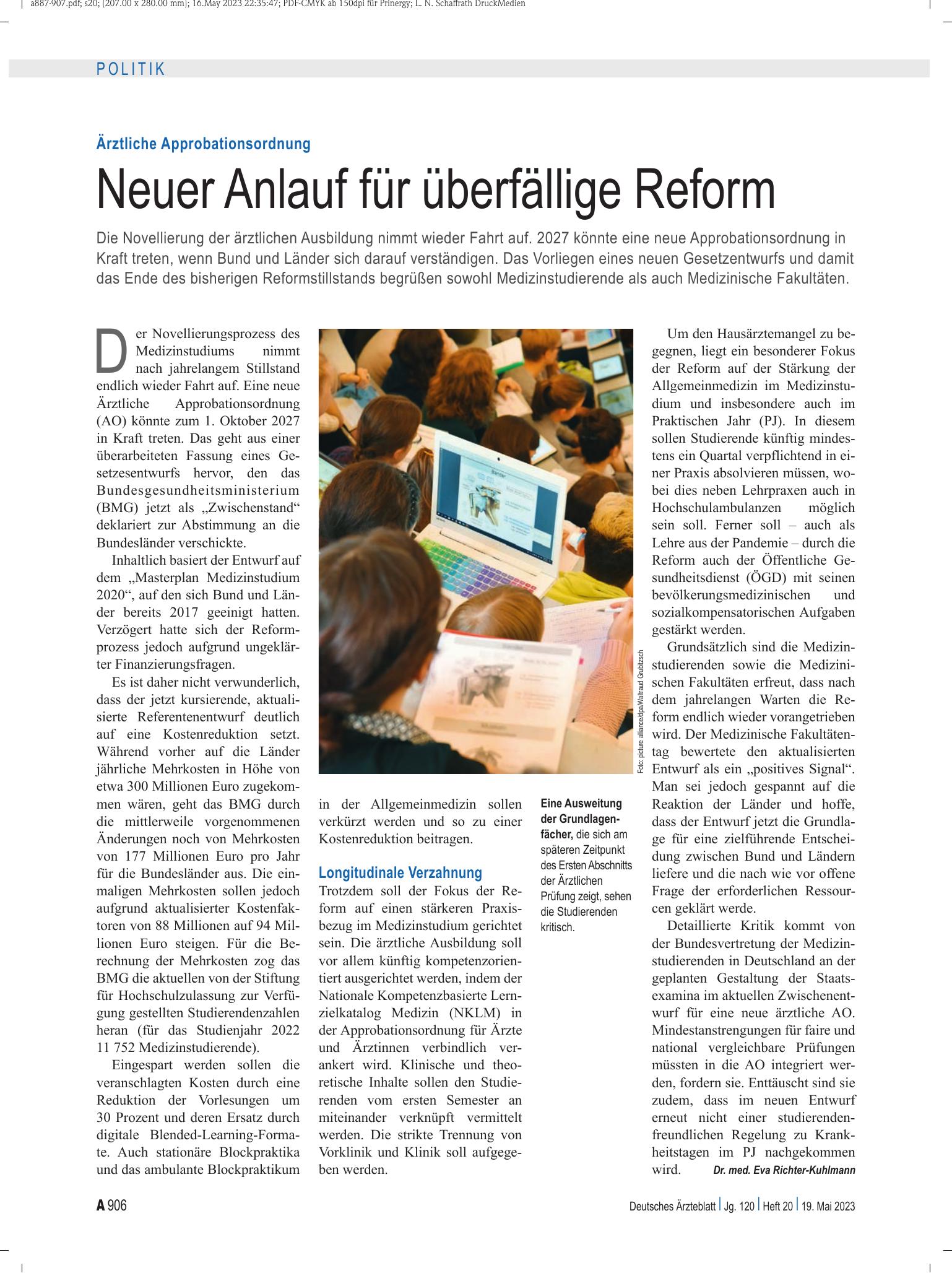 Vorschauseite 1: Ärztliche Approbationsordnung: Neuer Anlauf für überfällige Reform – Deutsches Ärzteblatt