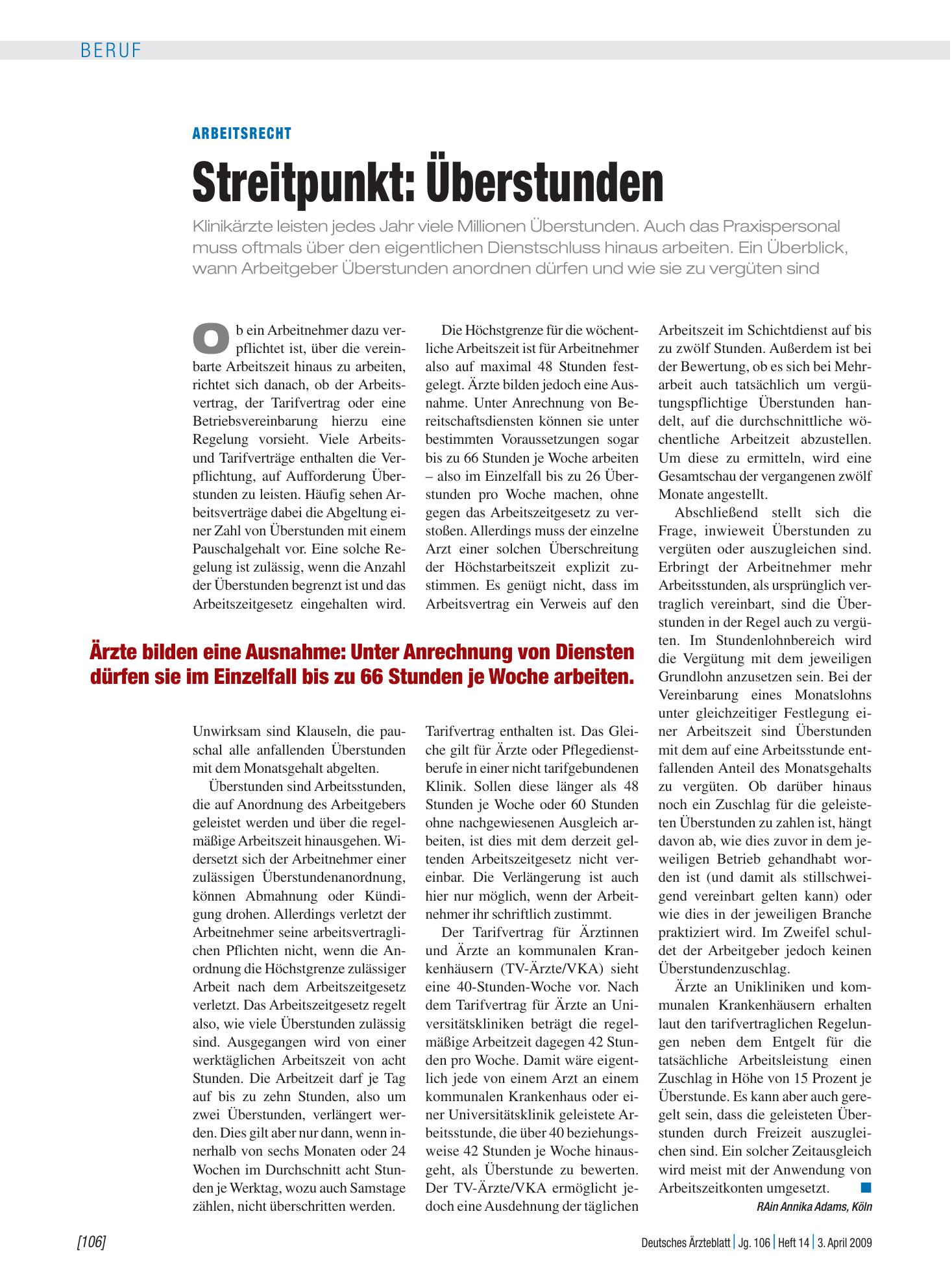 Vorschauseite 1: Arbeitsrecht - Streitpunkt: Überstunden – Deutsches Ärzteblatt