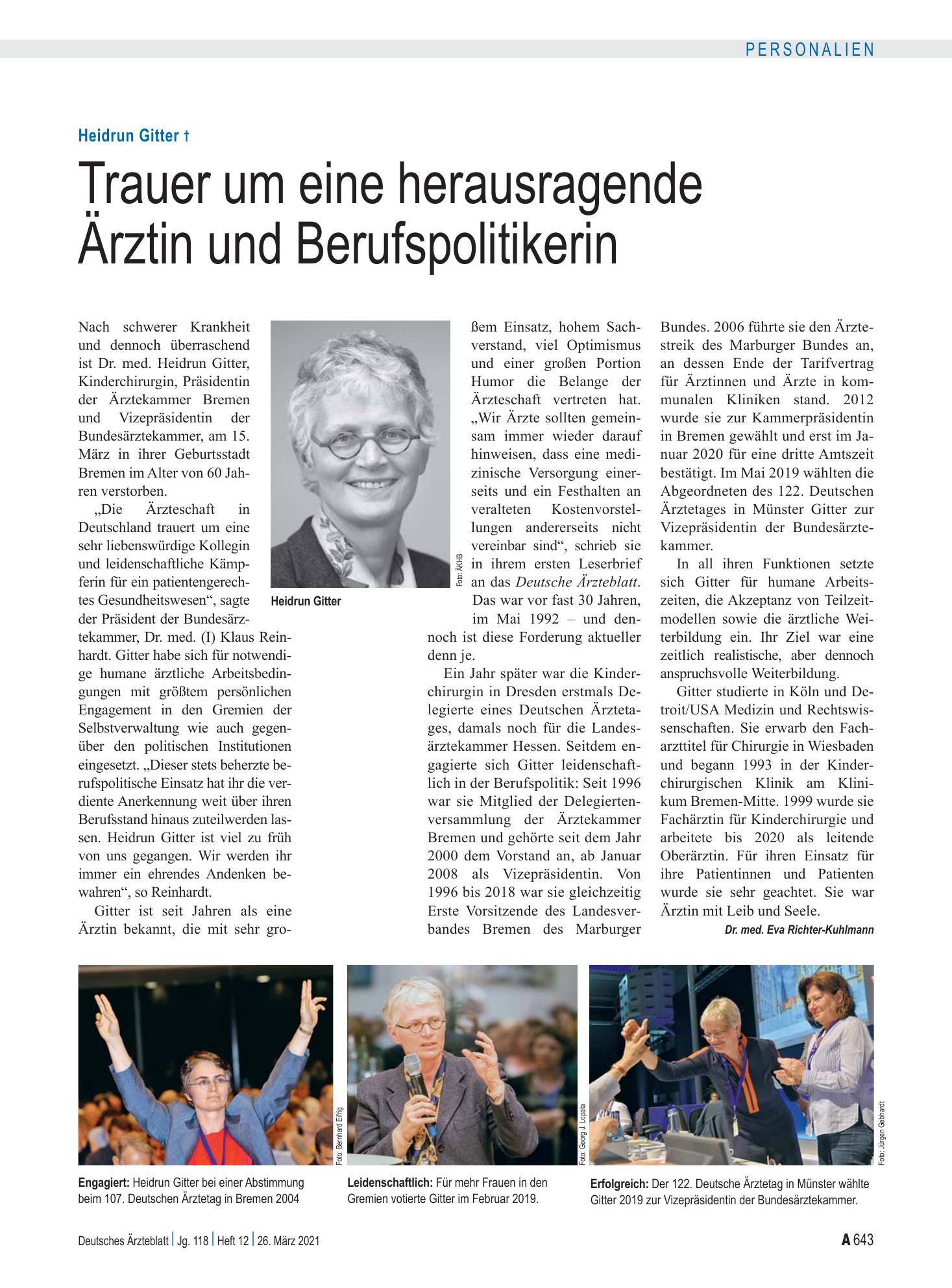 Vorschauseite 1: Heidrun Gitter †: Trauer um eine herausragende Ärztin und Berufspolitikerin – Deutsches Ärzteblatt