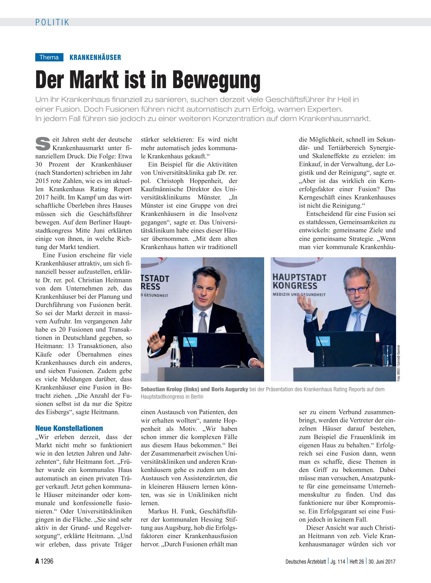 Vorschauseite 1: Krankenhäuser: Der Markt ist in Bewegung – Deutsches Ärzteblatt