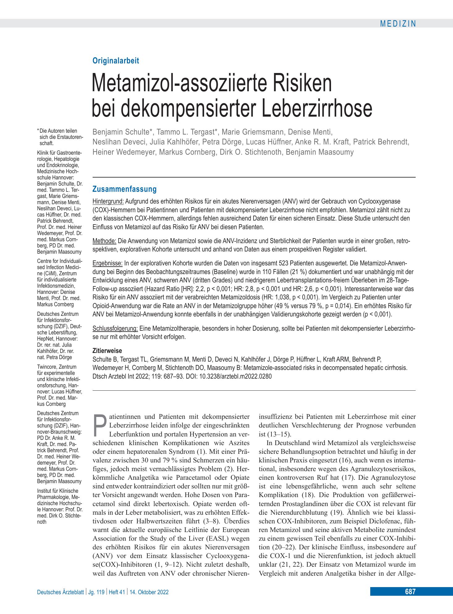 Vorschauseite 1: Metamizol-assoziierte Risiken bei dekompensierter Leberzirrhose – Deutsches Ärzteblatt