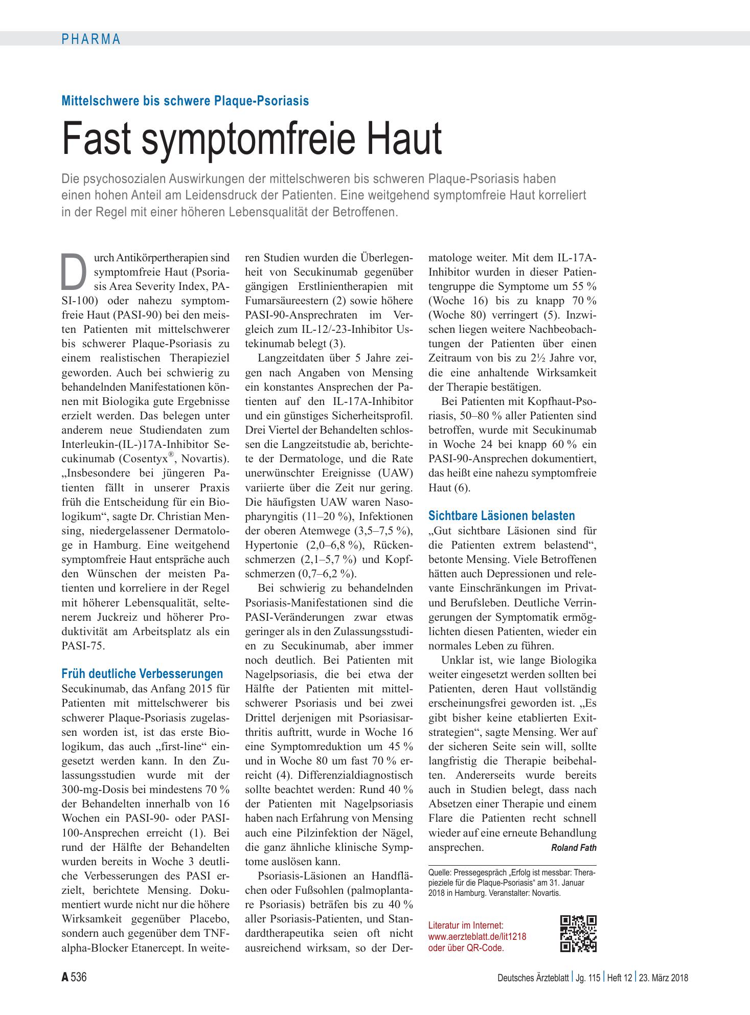 Vorschauseite 1: Mittelschwere bis schwere Plaque-Psoriasis: Fast symptomfreie Haut – Deutsches Ärzteblatt