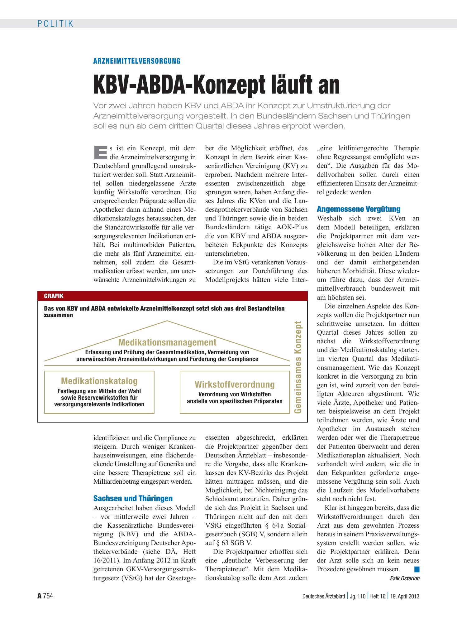 Vorschauseite 1: Arzneimittelversorgung: KBV-ABDA-Konzept läuft an – Deutsches Ärzteblatt