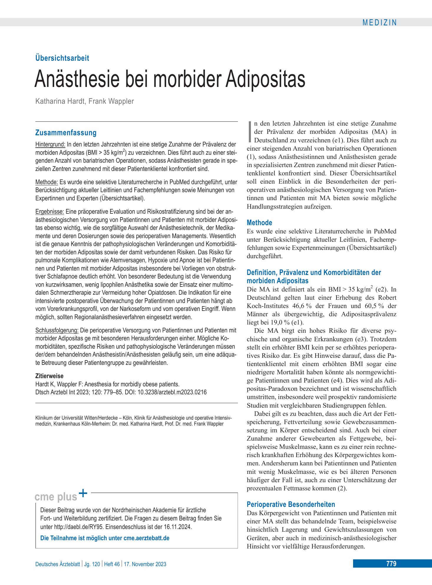 Vorschauseite 1: Anästhesie bei morbider Adipositas – Deutsches Ärzteblatt