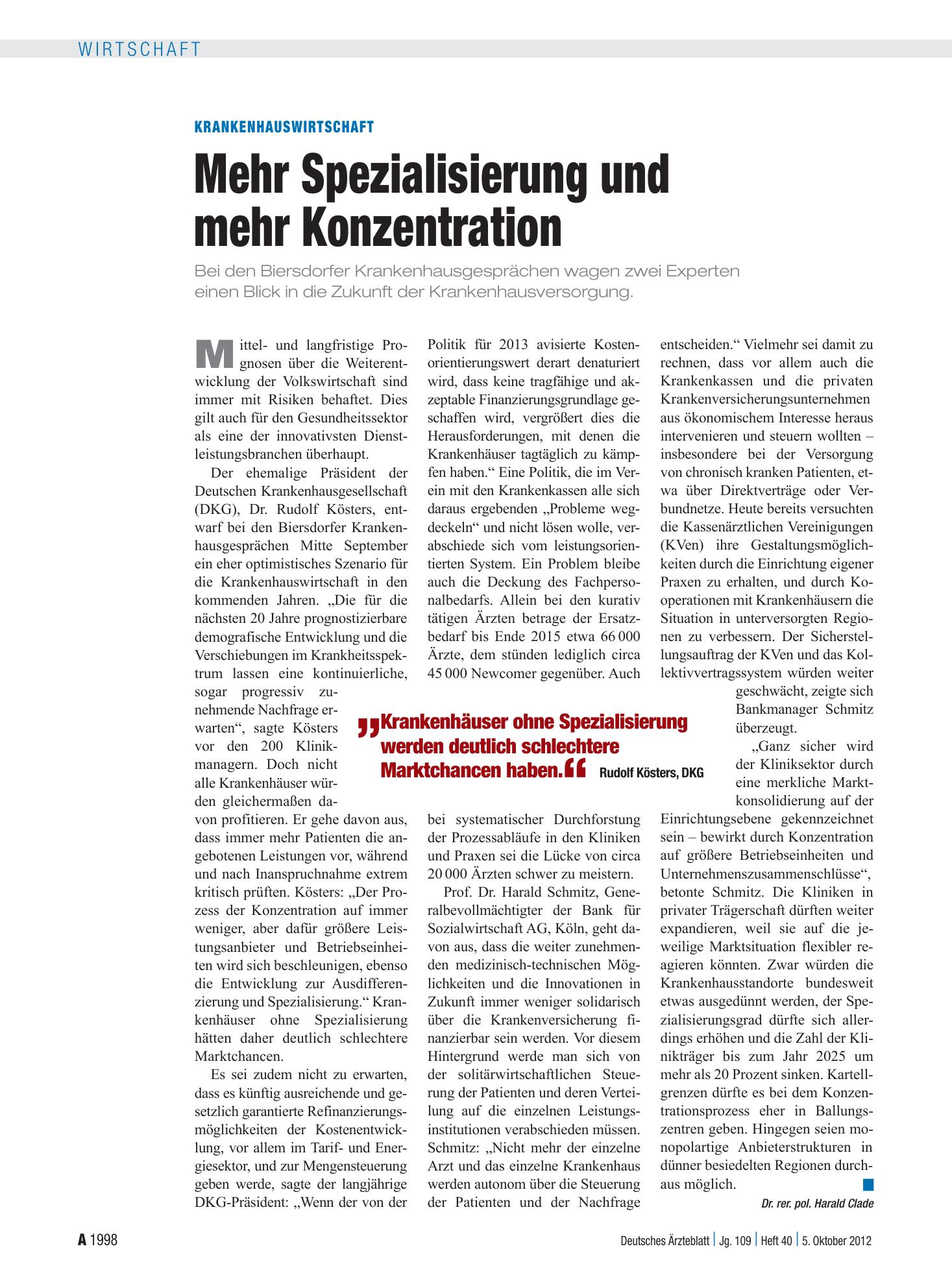 Vorschauseite 1: Krankenhauswirtschaft: Mehr Spezialisierung und mehr Konzentration – Deutsches Ärzteblatt