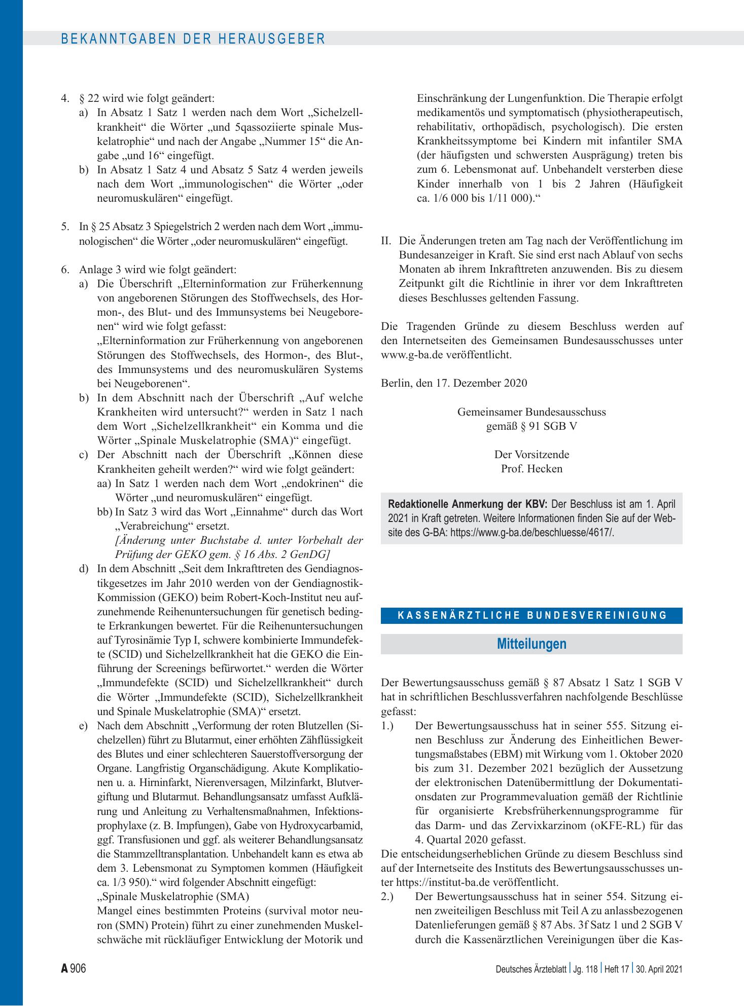 Vorschauseite 1: Beschluss des Bewertungsausschusses nach § 87 Abs. 1 Satz 1 SGB V in seiner 555. Sitzung (schriftliche Beschlussfassung) zur Änderung des Einheitlichen Bewertungsmaßstabes (EBM) –…