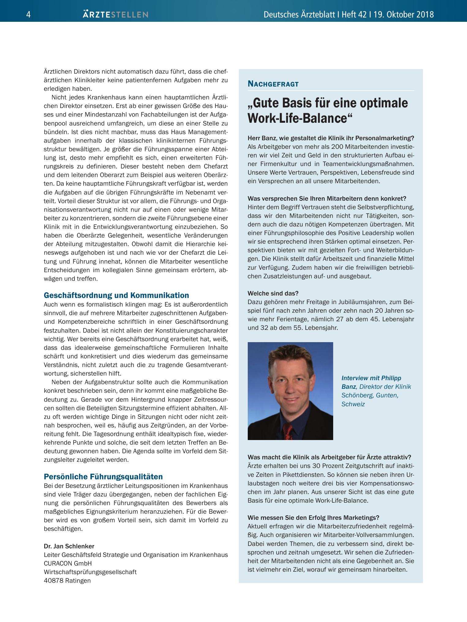 Vorschauseite 1: „Gute Basis für eine optimale Work-Life-Balance“ – Deutsches Ärzteblatt