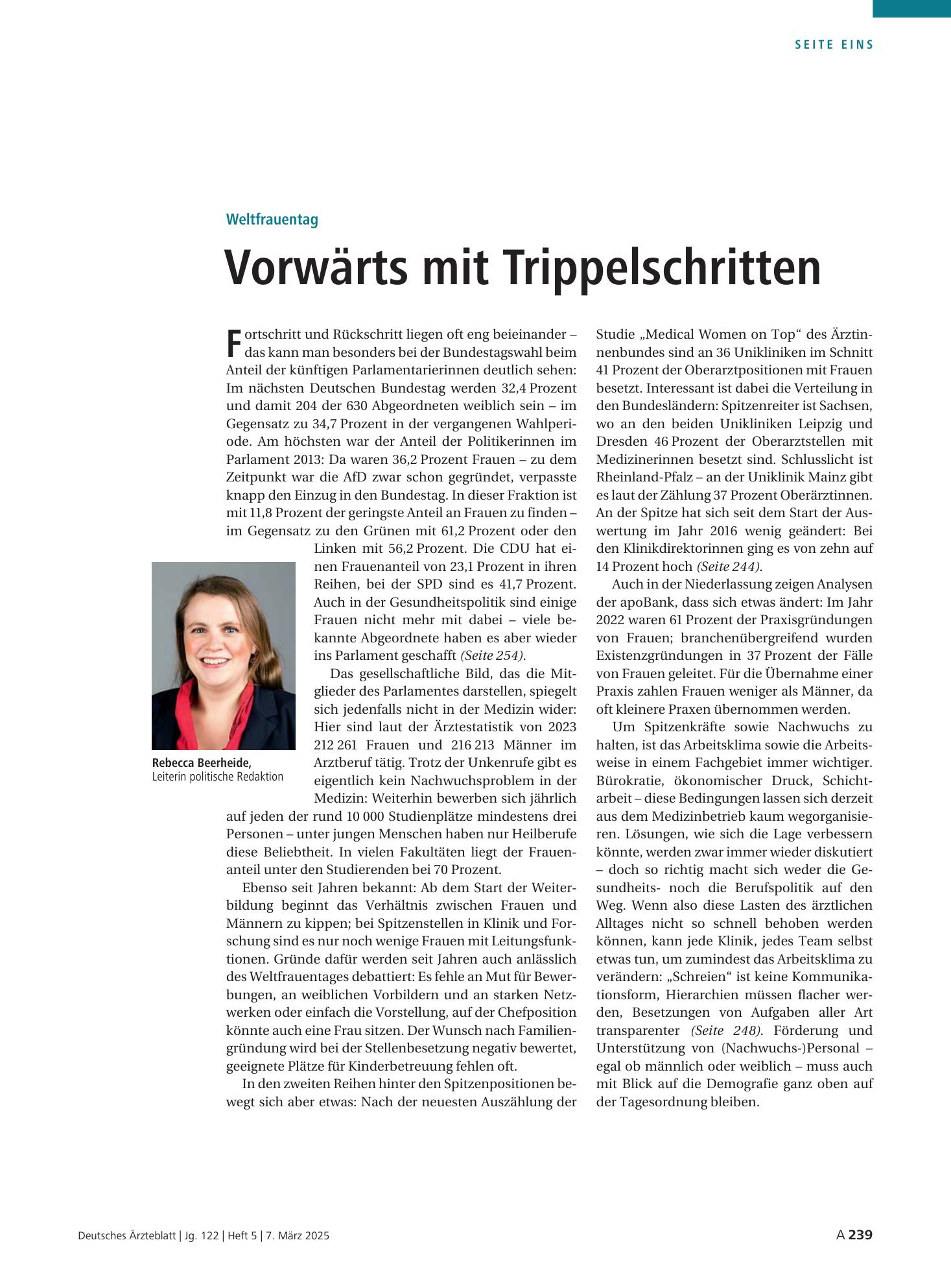 Vorschauseite 1: Weltfrauentag: Vorwärts mit Trippelschritten – Deutsches Ärzteblatt