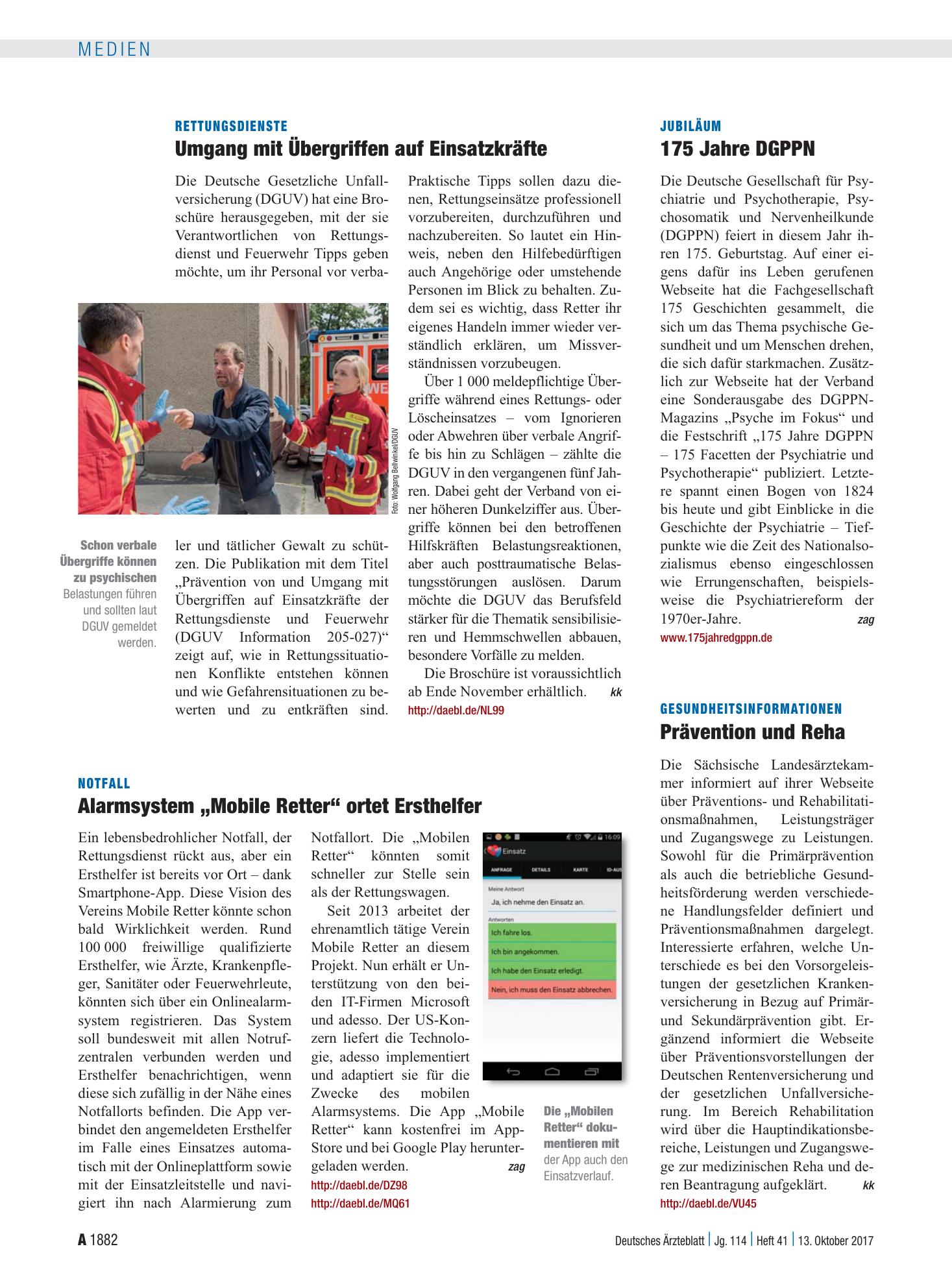 Vorschauseite 1: Notfall: Alarmsystem „Mobile Retter“ ortet Ersthelfer – Deutsches Ärzteblatt