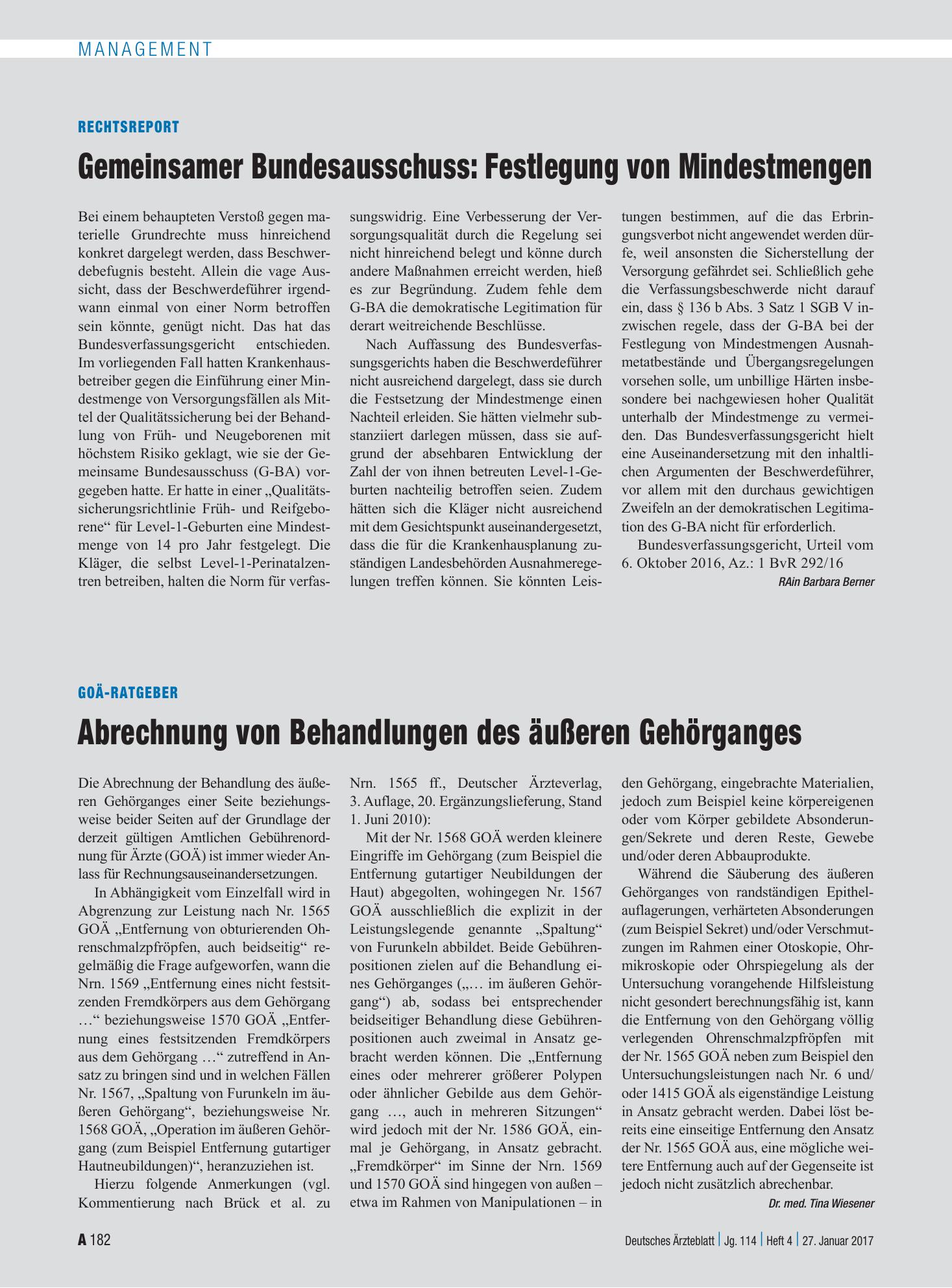 Vorschauseite 1: Rechtsreport: Gemeinsamer Bundesausschuss - Festlegung von Mindestmengen – Deutsches Ärzteblatt