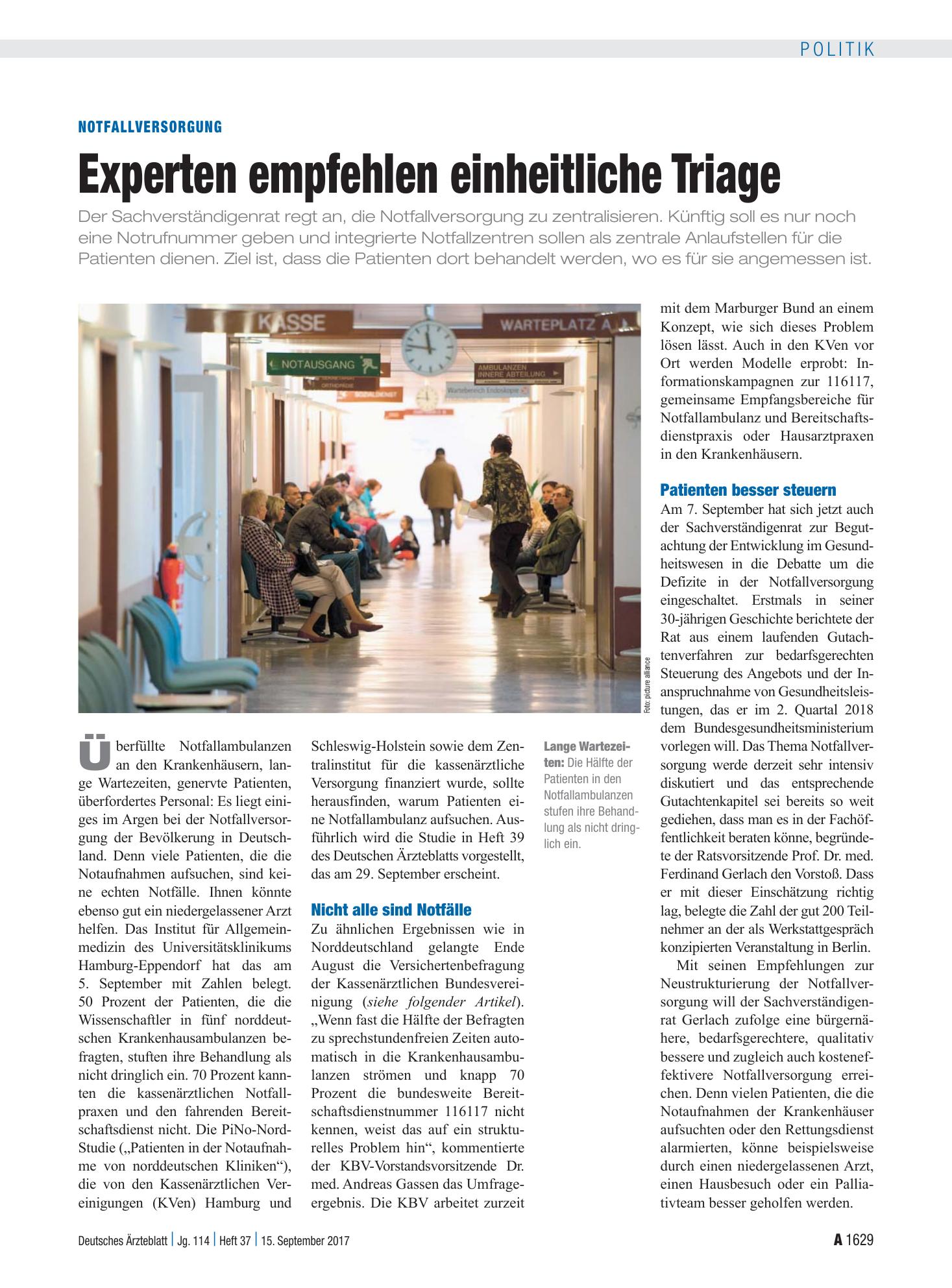 Vorschauseite 1: Notfallversorgung: Experten empfehlen einheitliche Triage – Deutsches Ärzteblatt