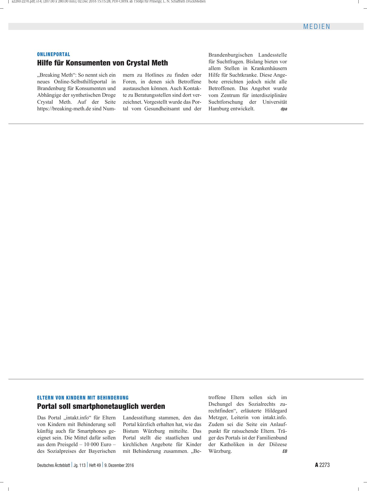 Vorschauseite 1: Eltern von Kindern mit Behinderung: Portal soll smartphonetauglich werden – Deutsches Ärzteblatt