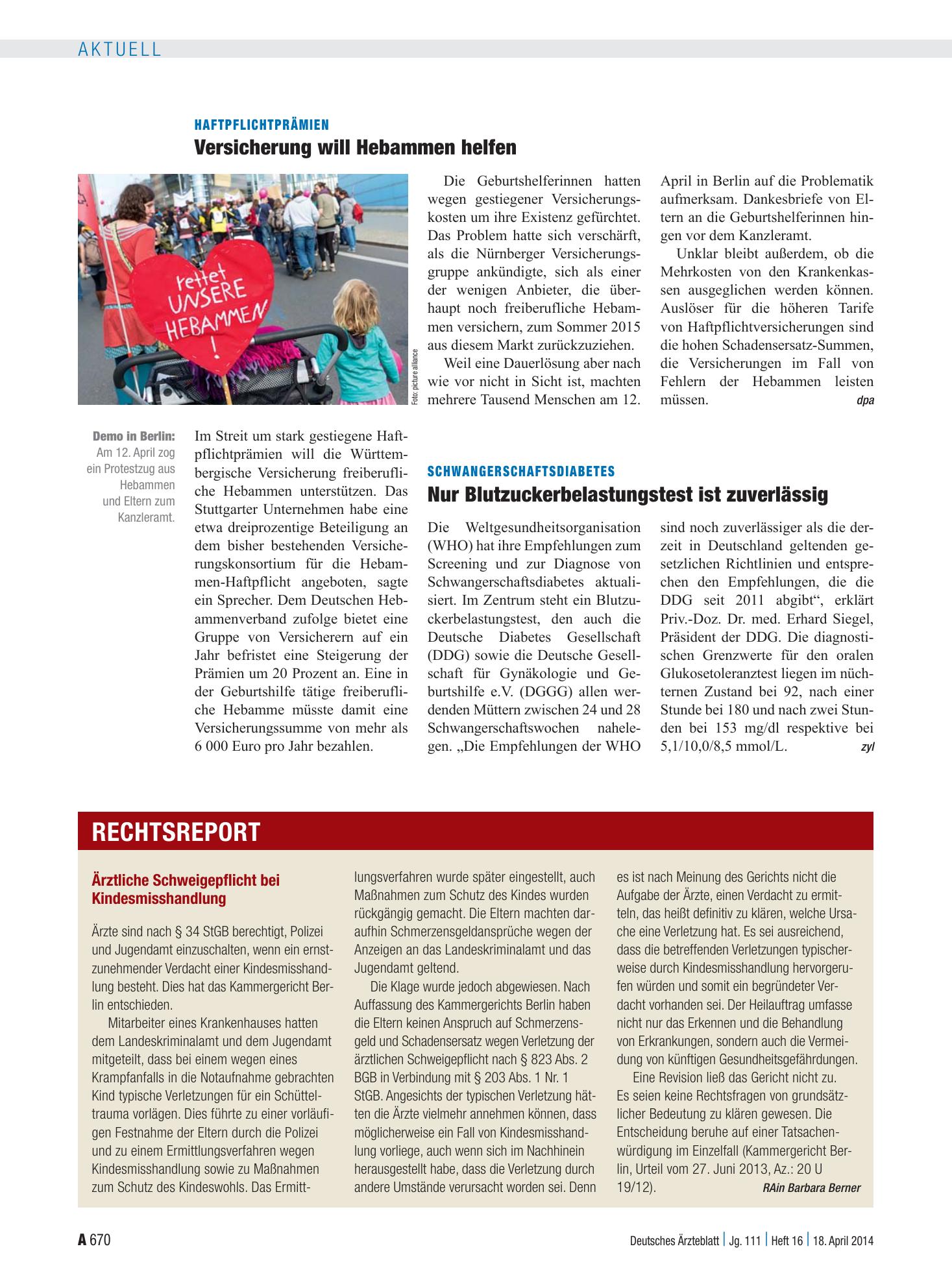 Vorschauseite 1: Haftpflichtprämien: Versicherung will Hebammen helfen – Deutsches Ärzteblatt