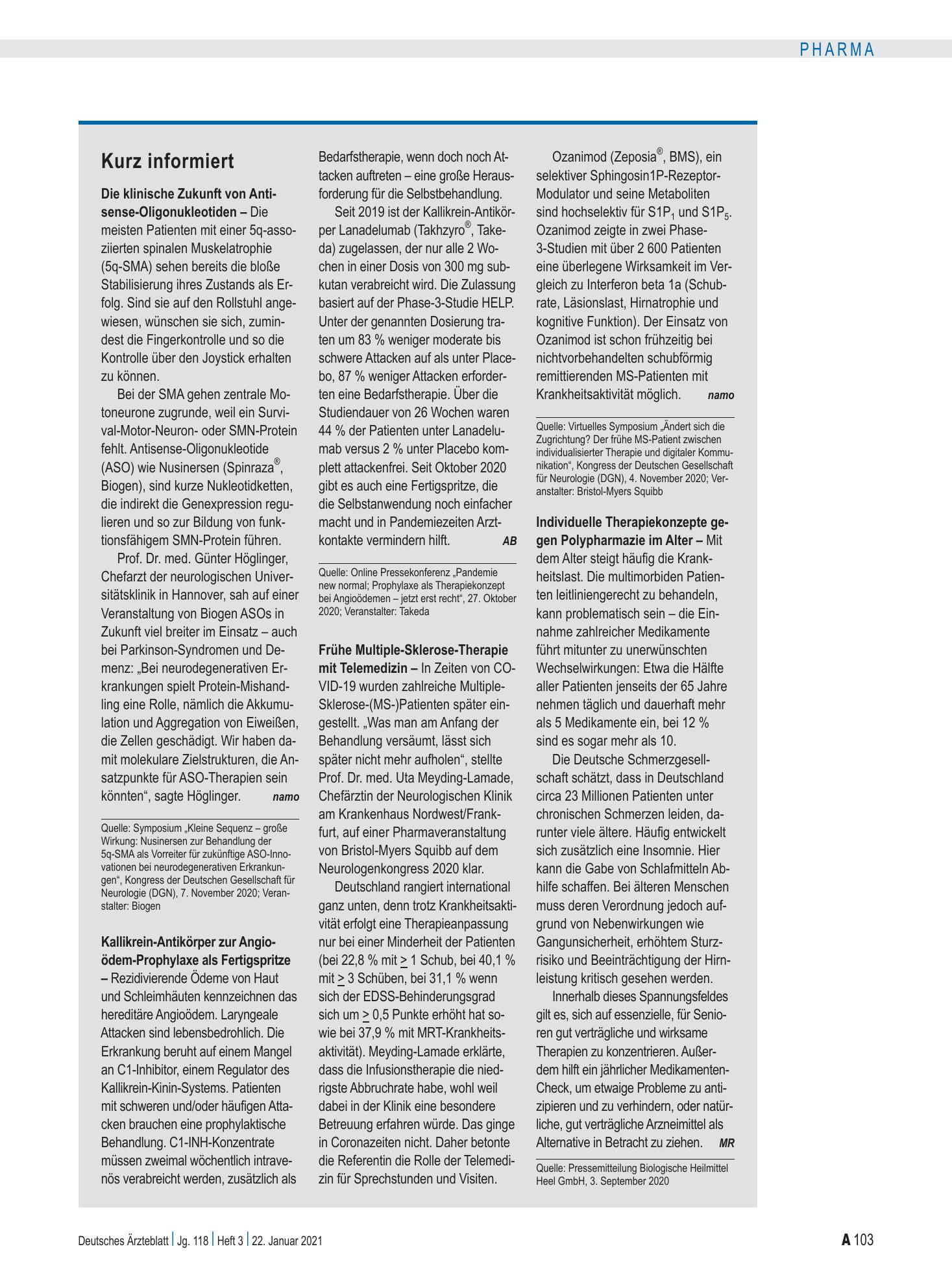 Vorschauseite 1: Kurz informiert – Deutsches Ärzteblatt