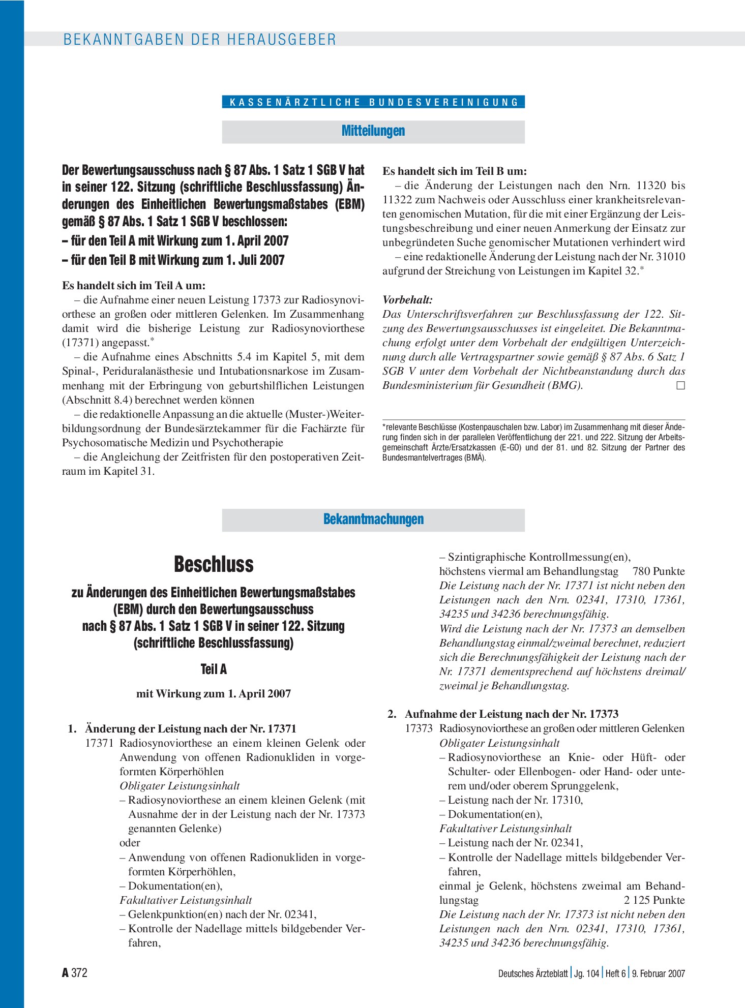 Vorschauseite 1: Bekanntmachungen: Beschluss zu Änderungen des Einheitlichen Bewertungsmaßstabes (EBM) durch den Bewertungsausschuss nach § 87 Abs. 1 Satz 1 SGB V in seiner 122. Sitzung (schriftli…