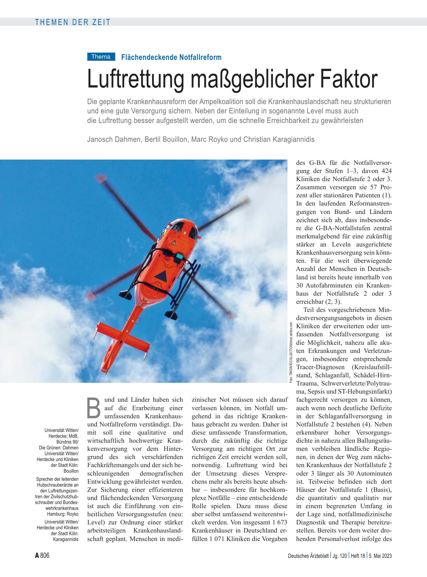 Vorschauseite 1: Flächendeckende Notfallreform: Luftrettung maßgeblicher Faktor – Deutsches Ärzteblatt