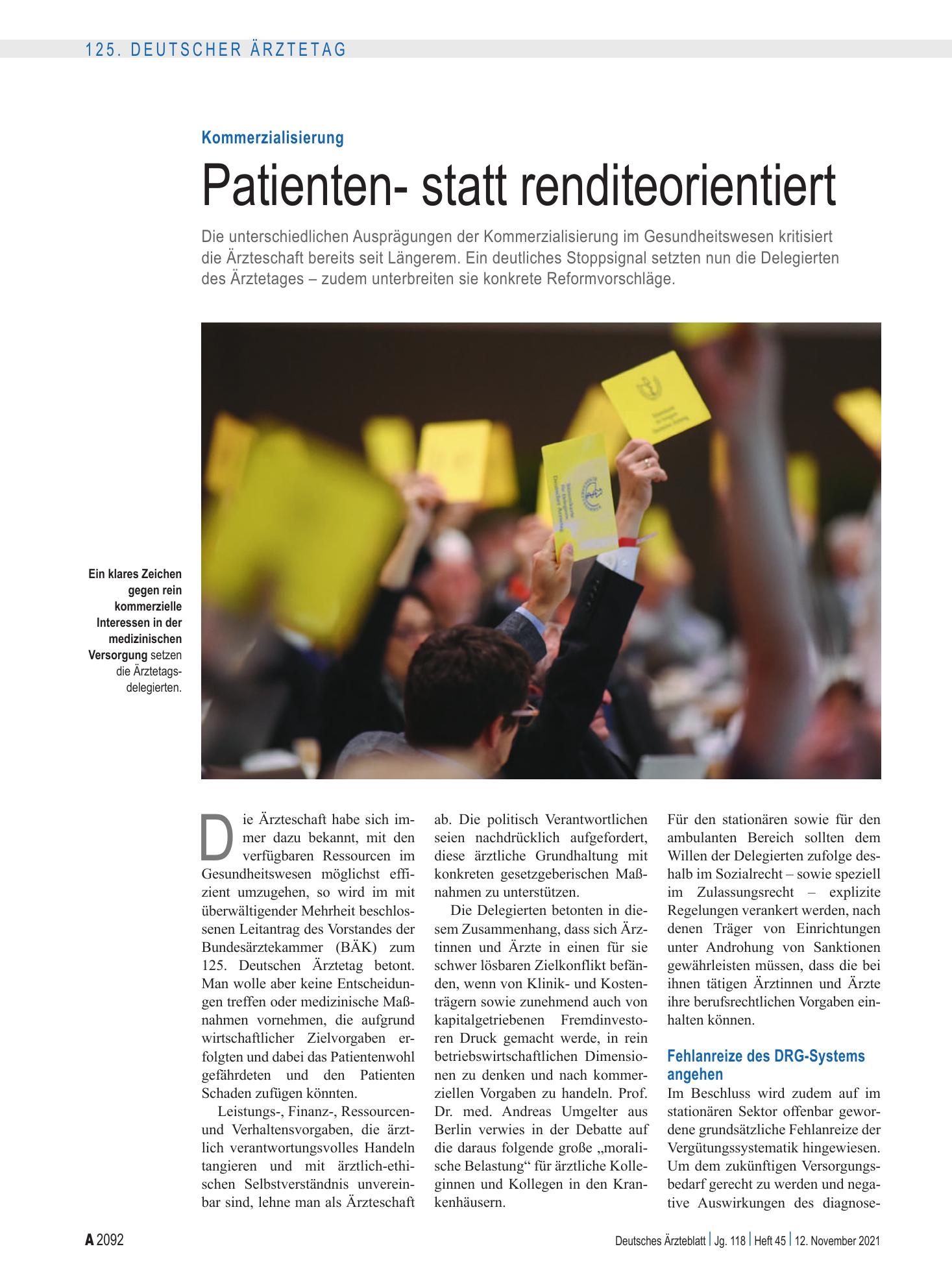 Vorschauseite 1: Kommerzialisierung: Patienten- statt renditeorientiert – Deutsches Ärzteblatt