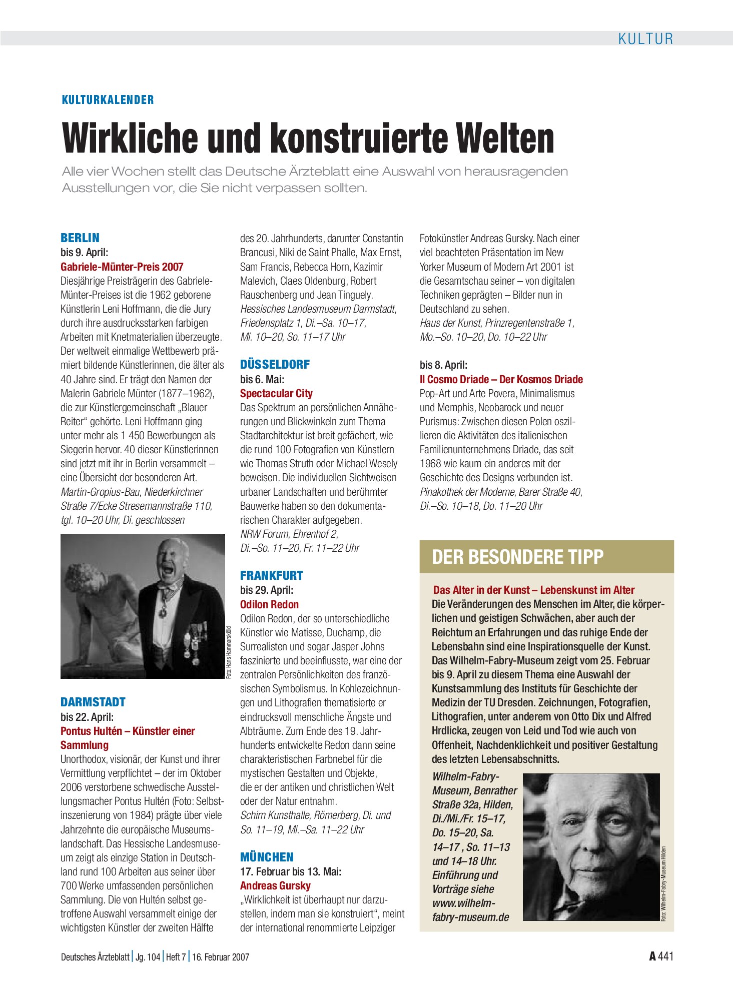 Vorschauseite 1: Kulturkalender: Wirkliche und konstruierte Welten – Deutsches Ärzteblatt