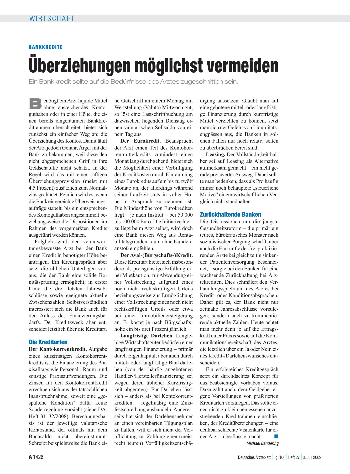 Vorschauseite 1: Bankkredite: Überziehungen möglichst vermeiden – Deutsches Ärzteblatt
