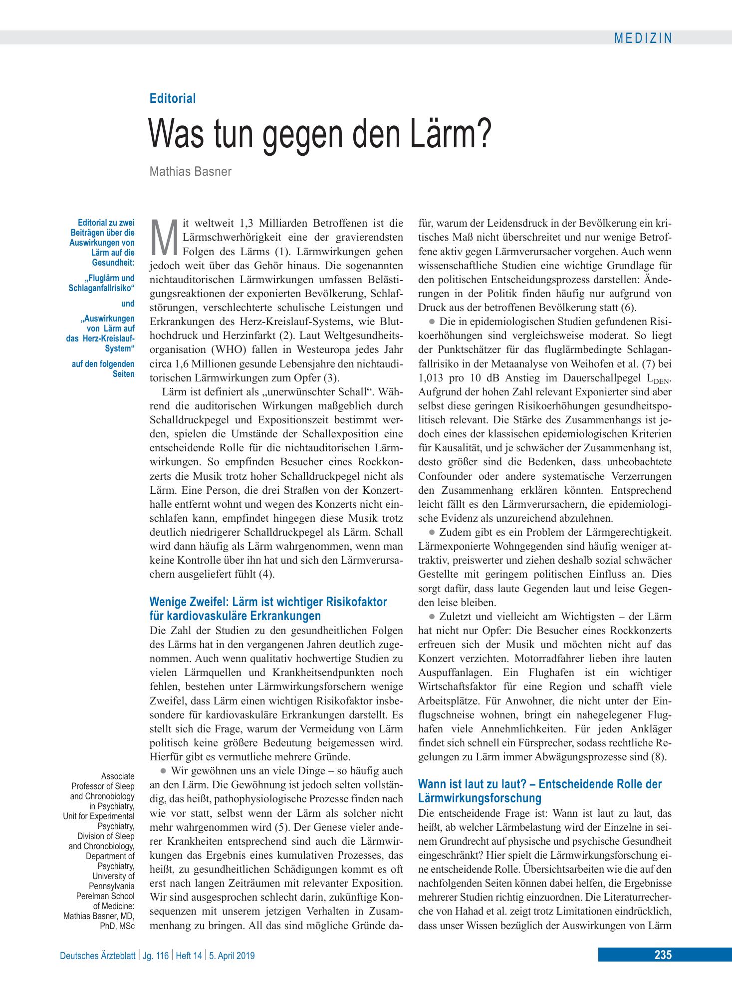 Vorschauseite 1: Was tun gegen den Lärm? – Deutsches Ärzteblatt