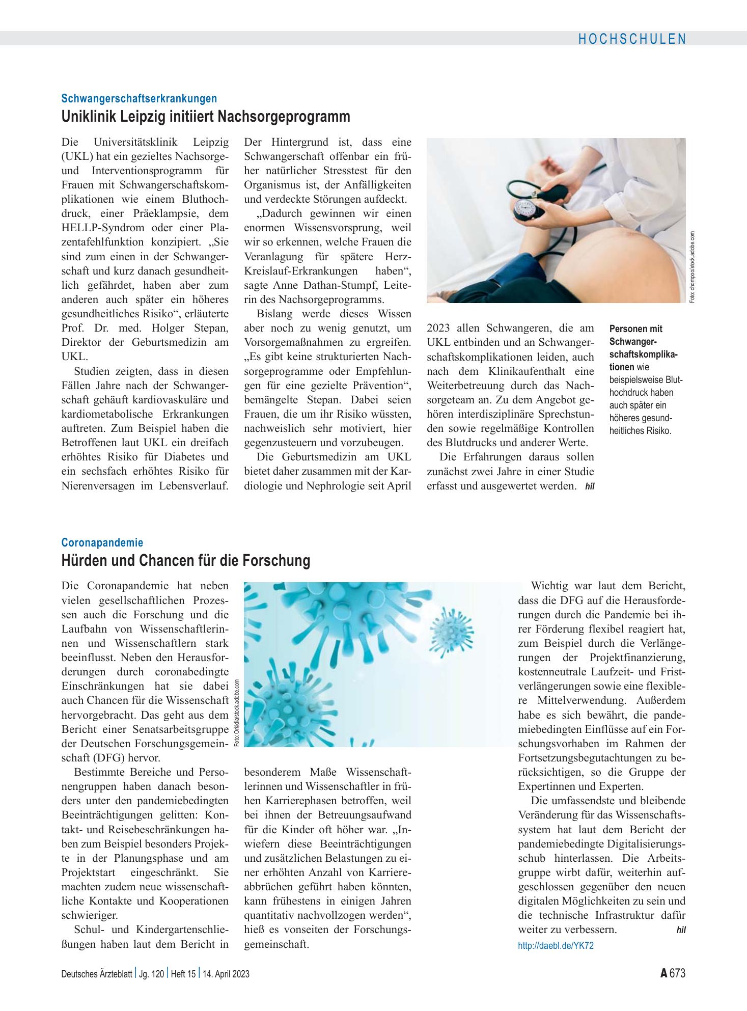 Vorschauseite 1: Schwangerschaftserkrankungen: Uniklinik Leipzig initiiert Nachsorgeprogramm – Deutsches Ärzteblatt