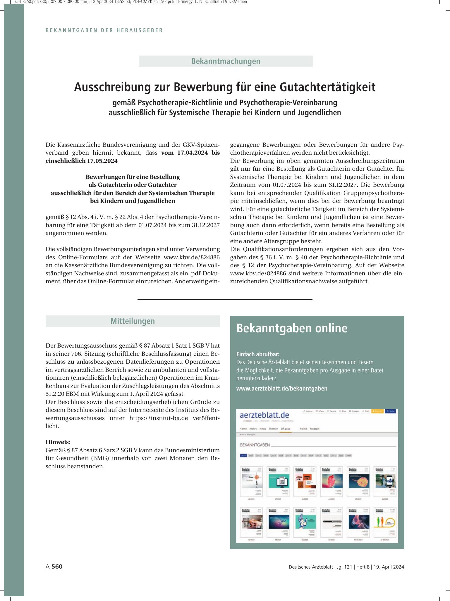 Vorschauseite 1: Mitteilungen – Deutsches Ärzteblatt