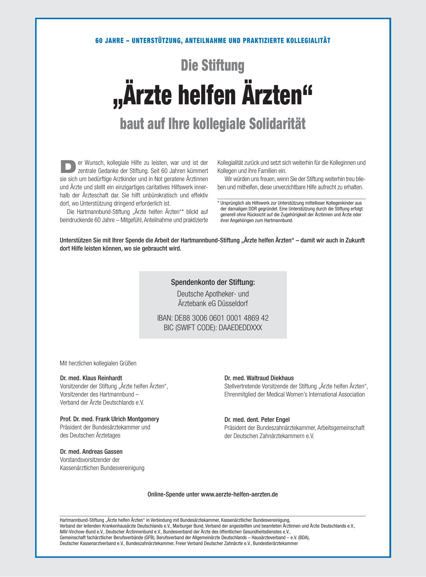 Vorschauseite 1: 60 Jahre – Unterstützung, Anteilnahme und praktizierte Kollegialität: Die Stiftung „Ärzte helfen Ärzten“ baut auf Ihre kollegiale Solidarität – Deutsches Ärzteblatt