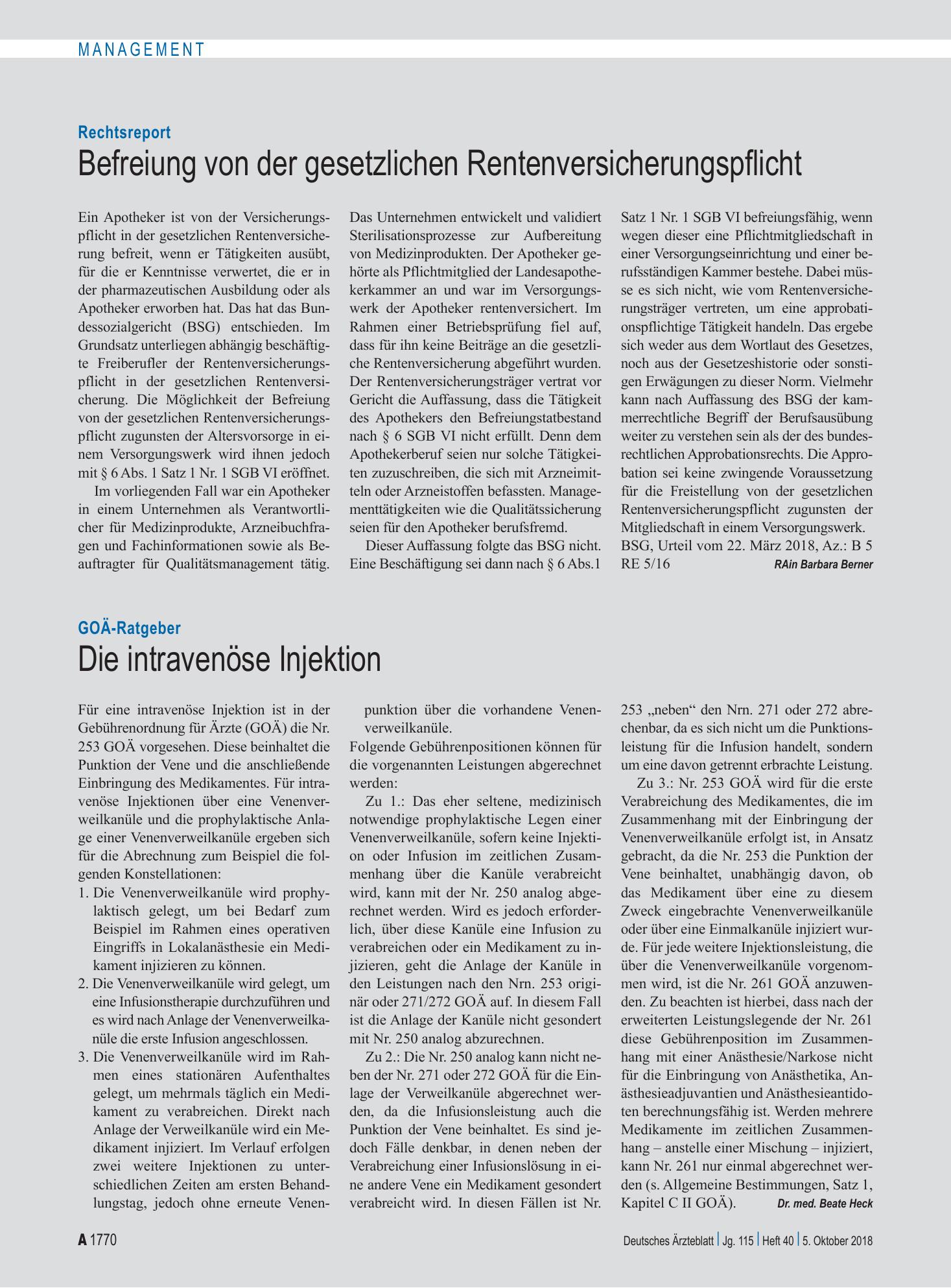 Vorschauseite 1: GOÄ-Ratgeber: Die intravenöse Injektion – Deutsches Ärzteblatt