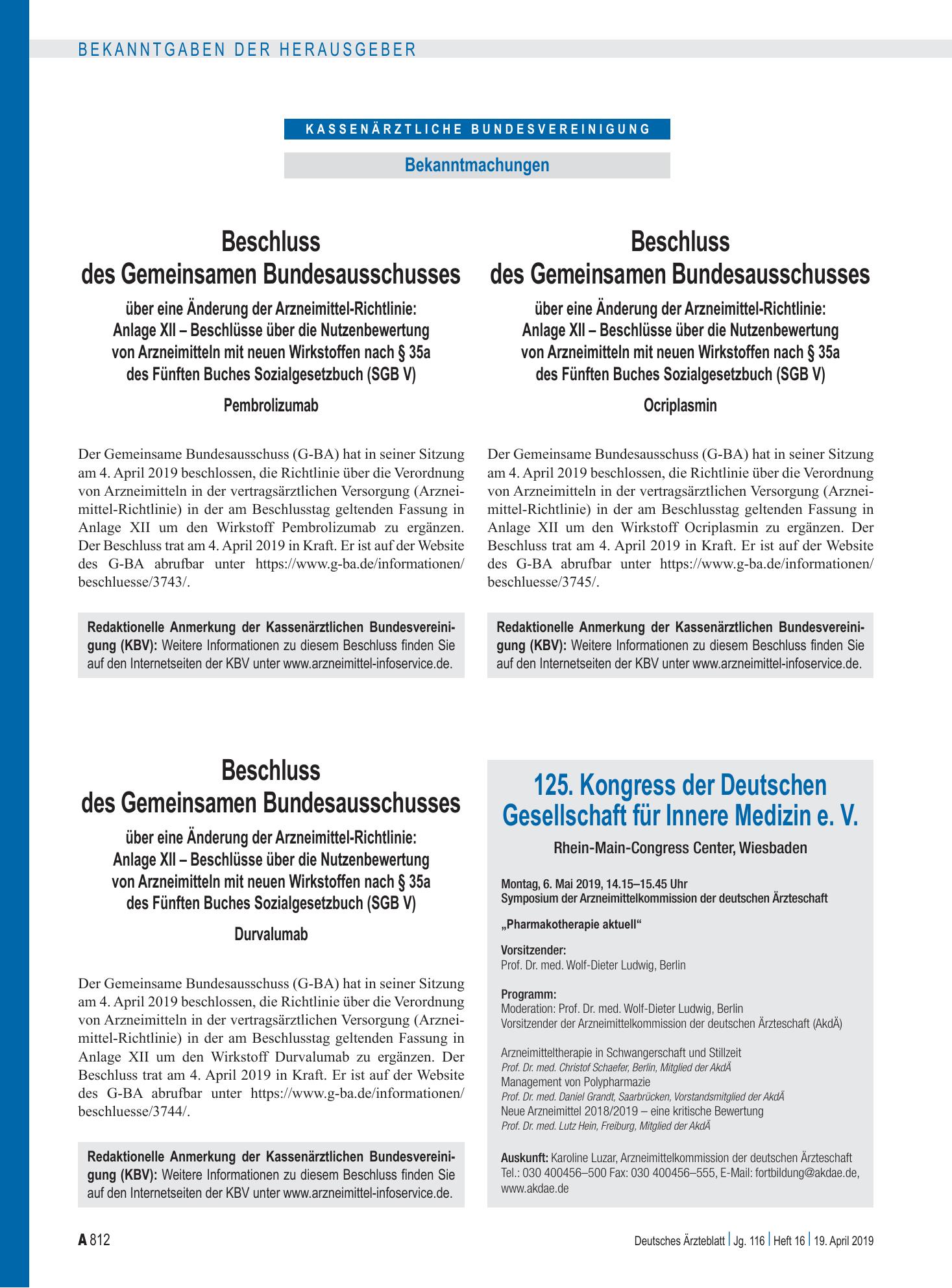 Vorschauseite 1: Beschluss des Gemeinsamen Bundesausschusses über eine Änderung der Arzneimittel-Richtlinie: Anlage XII – Durvalumab – Deutsches Ärzteblatt