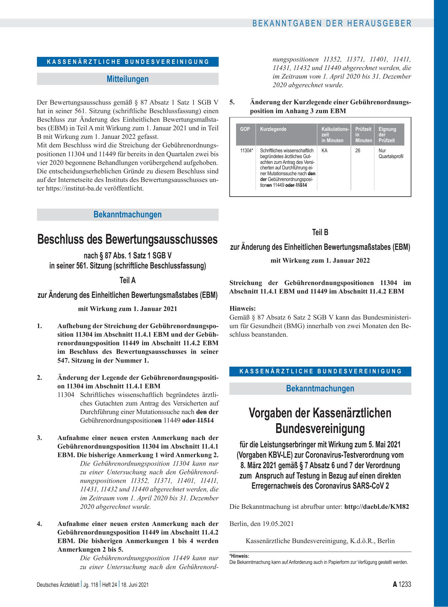 Vorschauseite 1: Beschluss des Bewertungsausschusses nach § 87 Abs. 1 Satz 1 SGB V in seiner 561. Sitzung (schriftliche Beschlussfassung),Teil A und Teil B – Deutsches Ärzteblatt