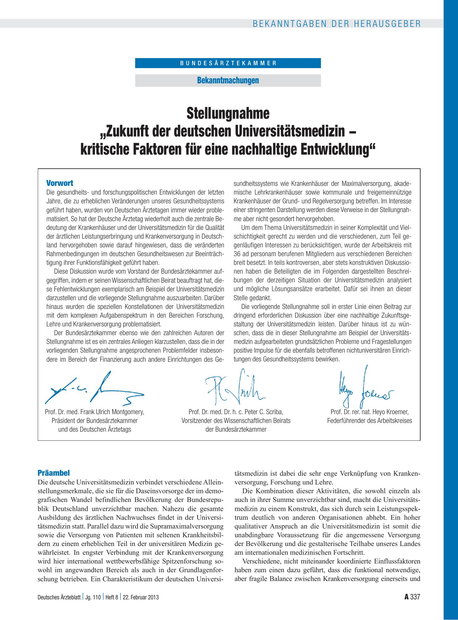 Vorschauseite 1: Stellungnahme „Zukunft der deutschen Universitätsmedizin - kritische Faktoren für eine nachhaltige Entwicklung“ – Deutsches Ärzteblatt