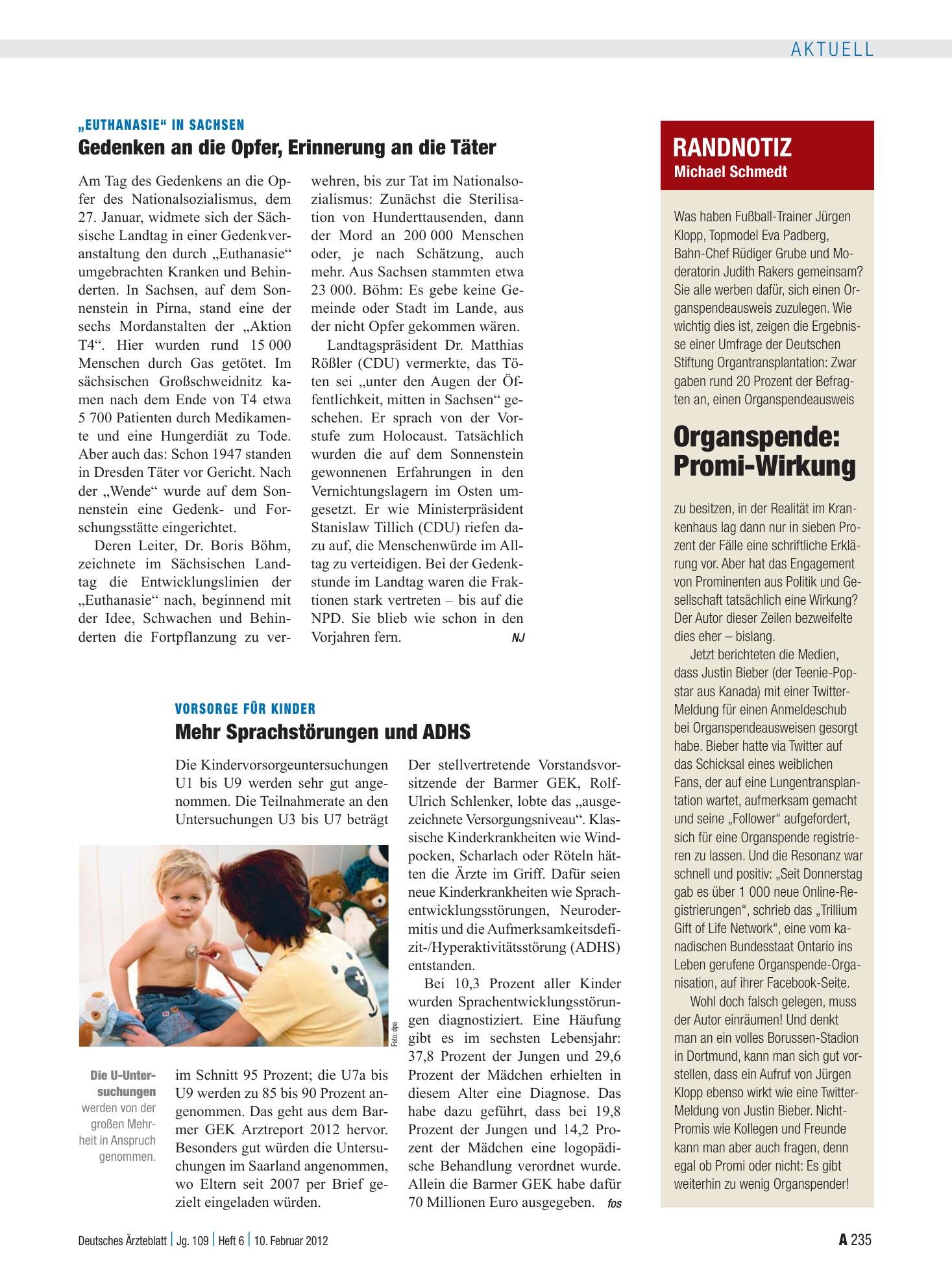 Vorschauseite 1: Randnotiz: Organspende: Promi-Wirkung – Deutsches Ärzteblatt
