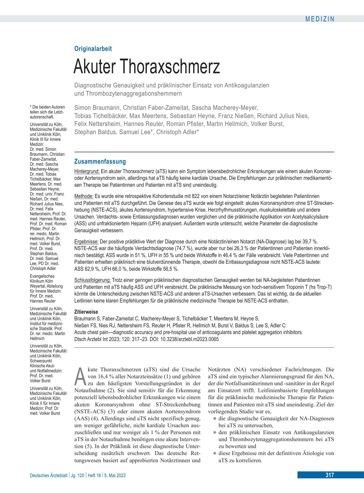 Vorschauseite 1: Akuter Thoraxschmerz – Deutsches Ärzteblatt
