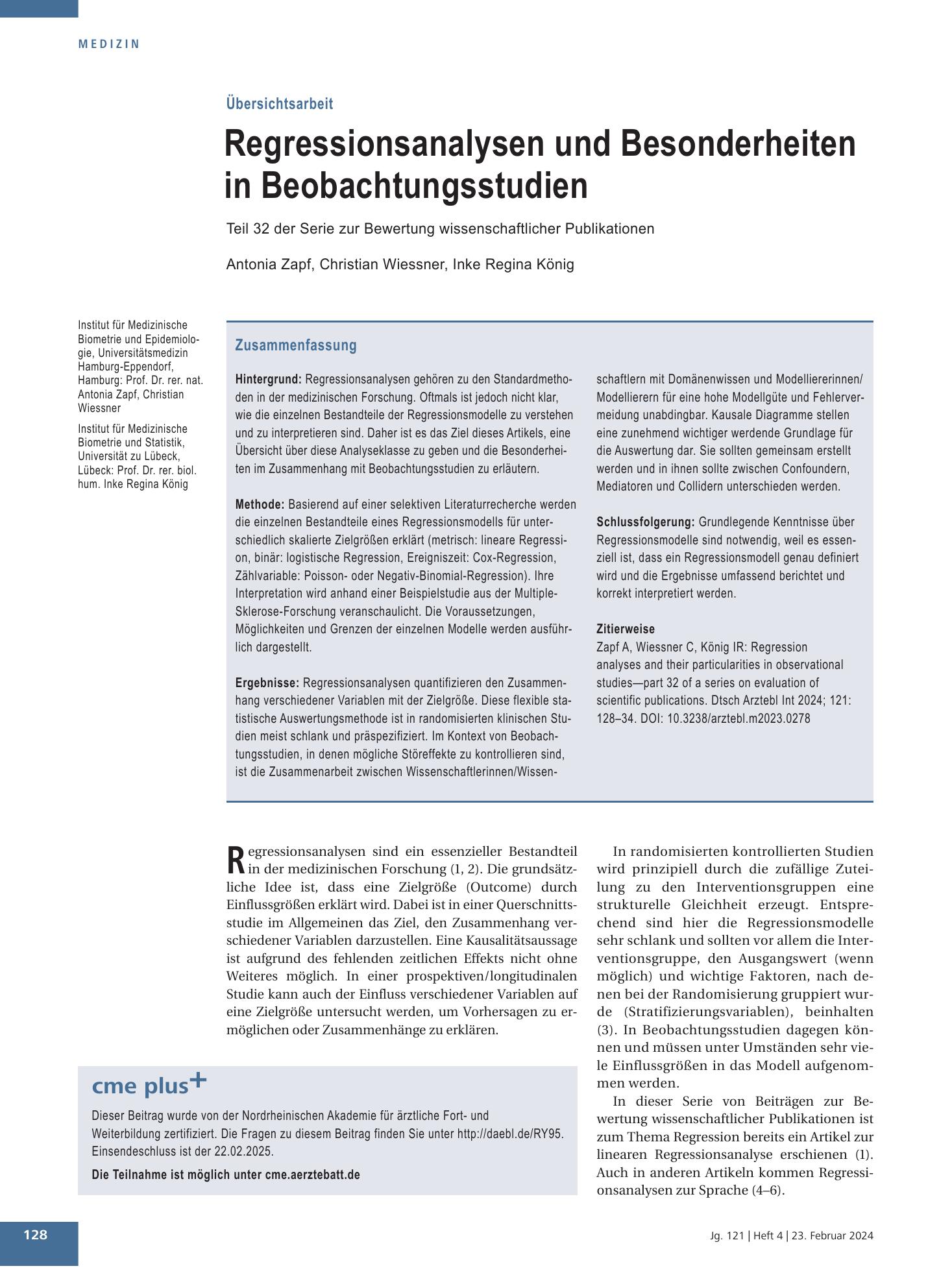 Vorschauseite 1: Regressionsanalysen und Besonderheiten in Beobachtungsstudien – Deutsches Ärzteblatt