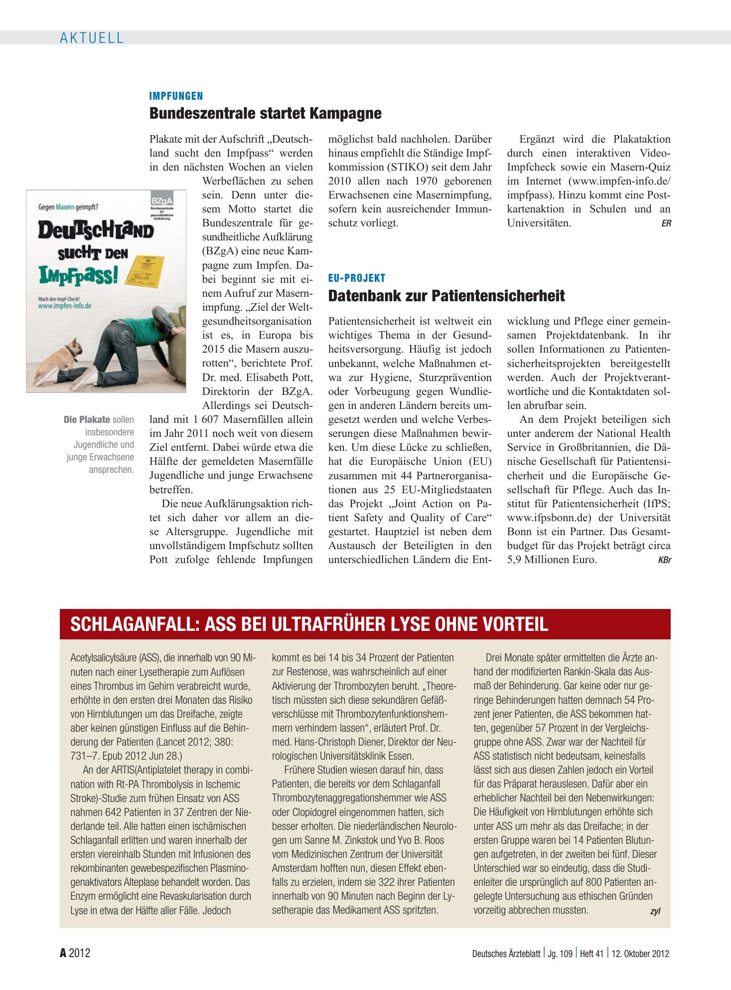 Vorschauseite 1: Schlaganfall: ASS bei ultrafrüher Lyse ohne Vorteil – Deutsches Ärzteblatt