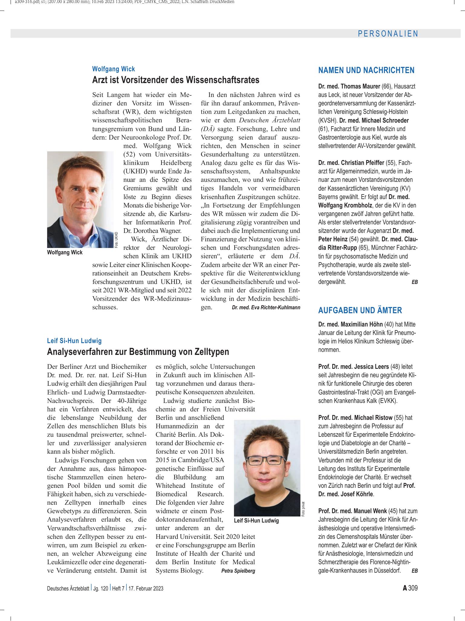 Vorschauseite 1: Namen und Nachrichten – Deutsches Ärzteblatt