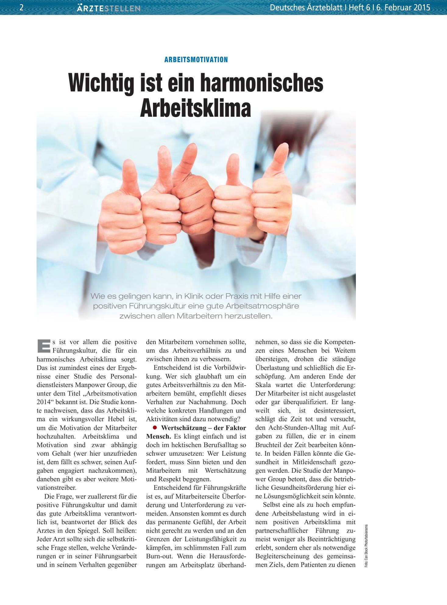 Vorschauseite 1: Arbeitsmotivation: Wichtig ist ein harmonisches Arbeitsklima – Deutsches Ärzteblatt