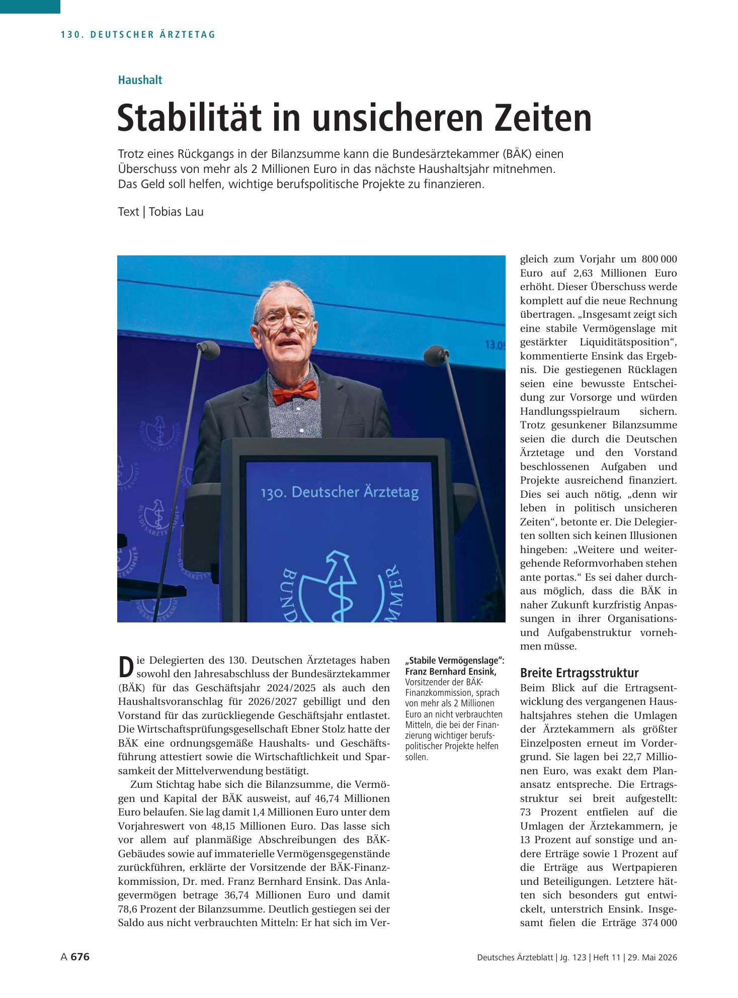 Vorschauseite 1: Haushalt: Stabilität in unsicheren Zeiten – Deutsches Ärzteblatt
