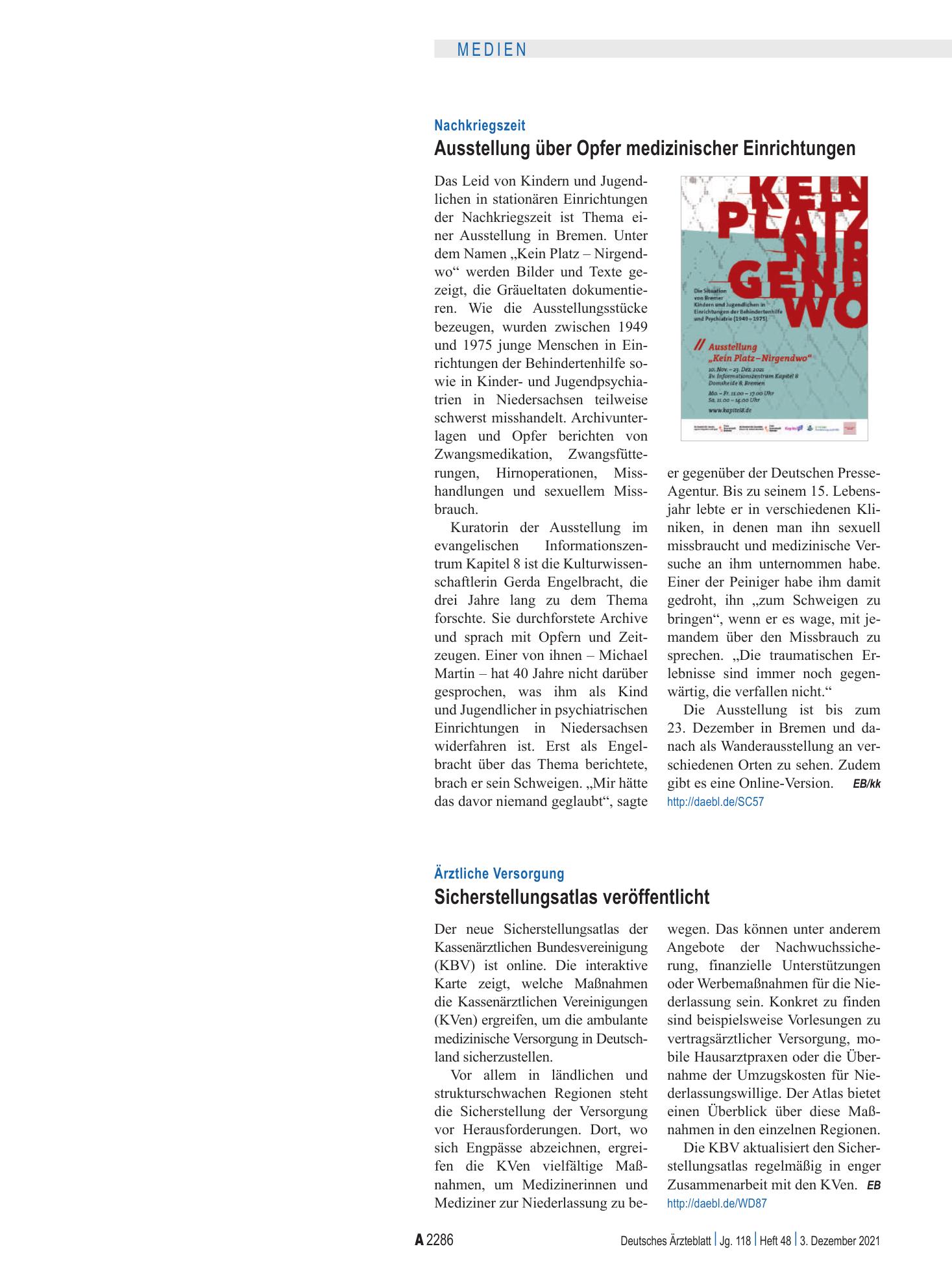 Vorschauseite 1: Ärztliche Versorgung: Sicherstellungsatlas veröffentlicht – Deutsches Ärzteblatt