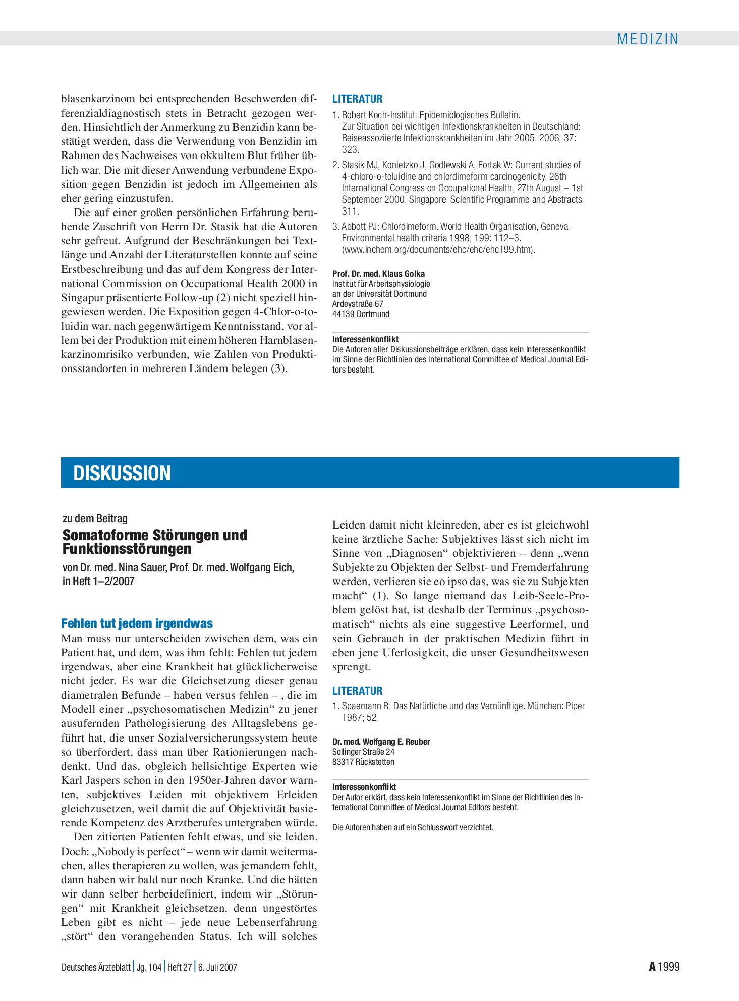 Vorschauseite 1: Somatoforme Störungen und Funktionsstörungen: Fehlen tut jedem irgendwas – Deutsches Ärzteblatt