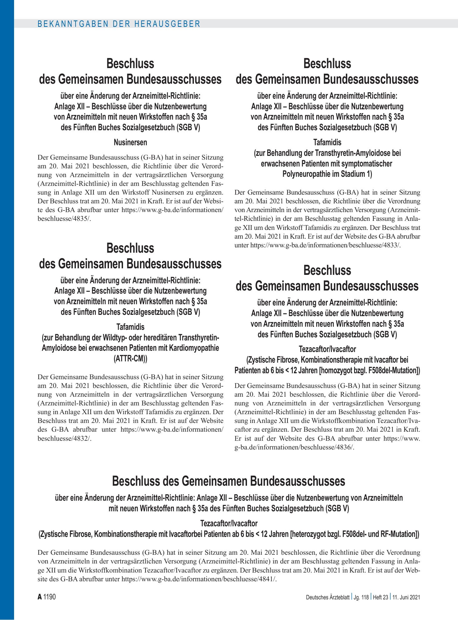 Vorschauseite 1: Beschluss des Gemeinsamen Bundesausschusses über eine Änderung der Arzneimittel-Richtlinie: Anlage XII – Tezacaftor/Ivacaftor (Zystische Fibrose, Kombinationstherapie mit Ivacafto…