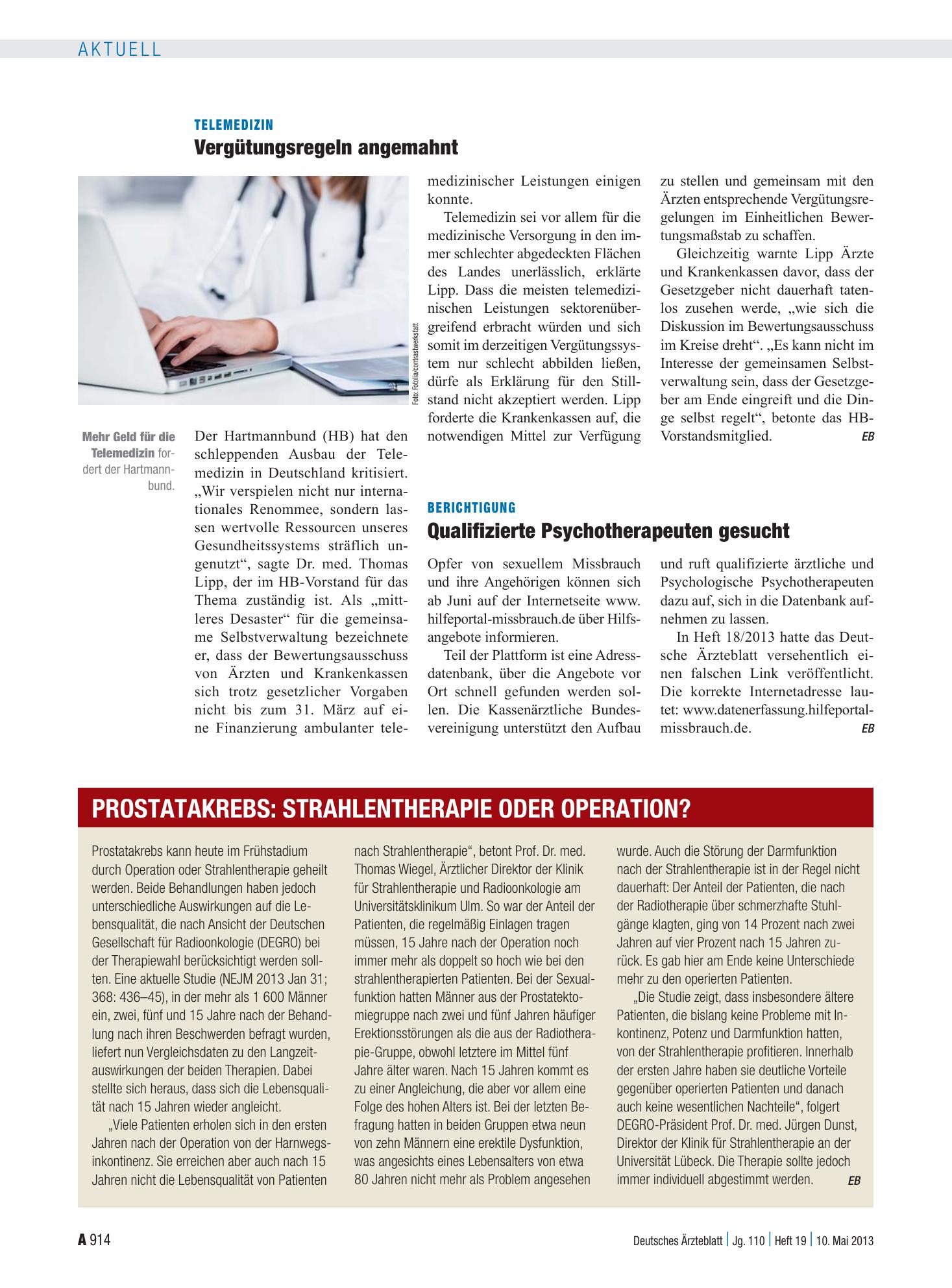Vorschauseite 1: Prostatakrebs: Strahlentherapie oder Operation? – Deutsches Ärzteblatt