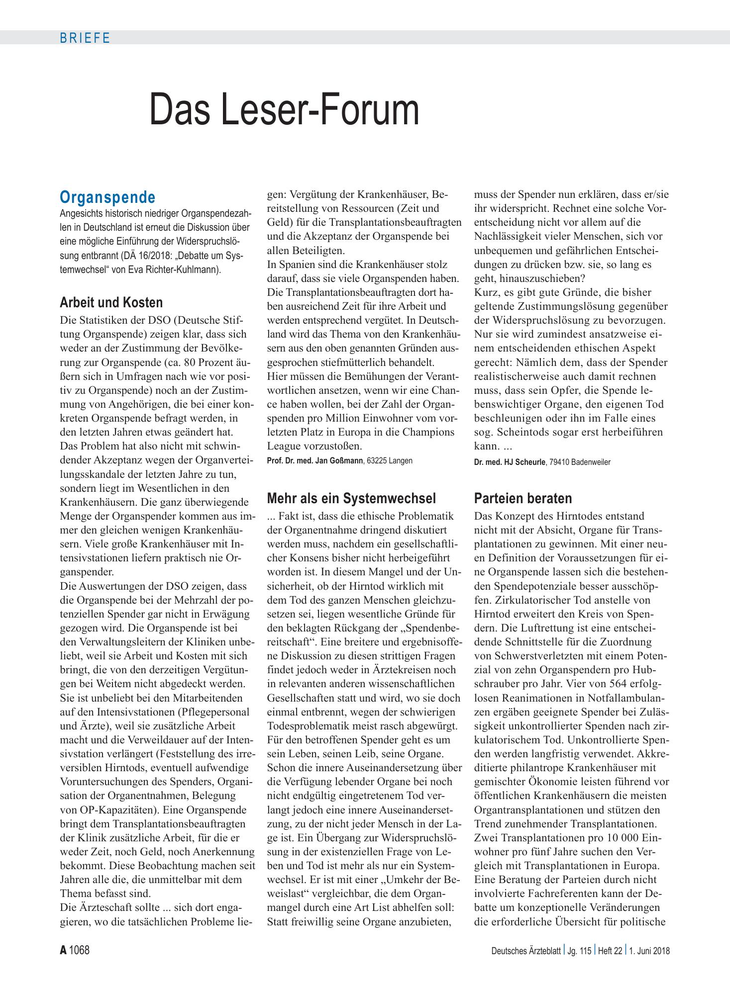 Vorschauseite 1: Organspende: Ehrliche Analyse starten – Deutsches Ärzteblatt